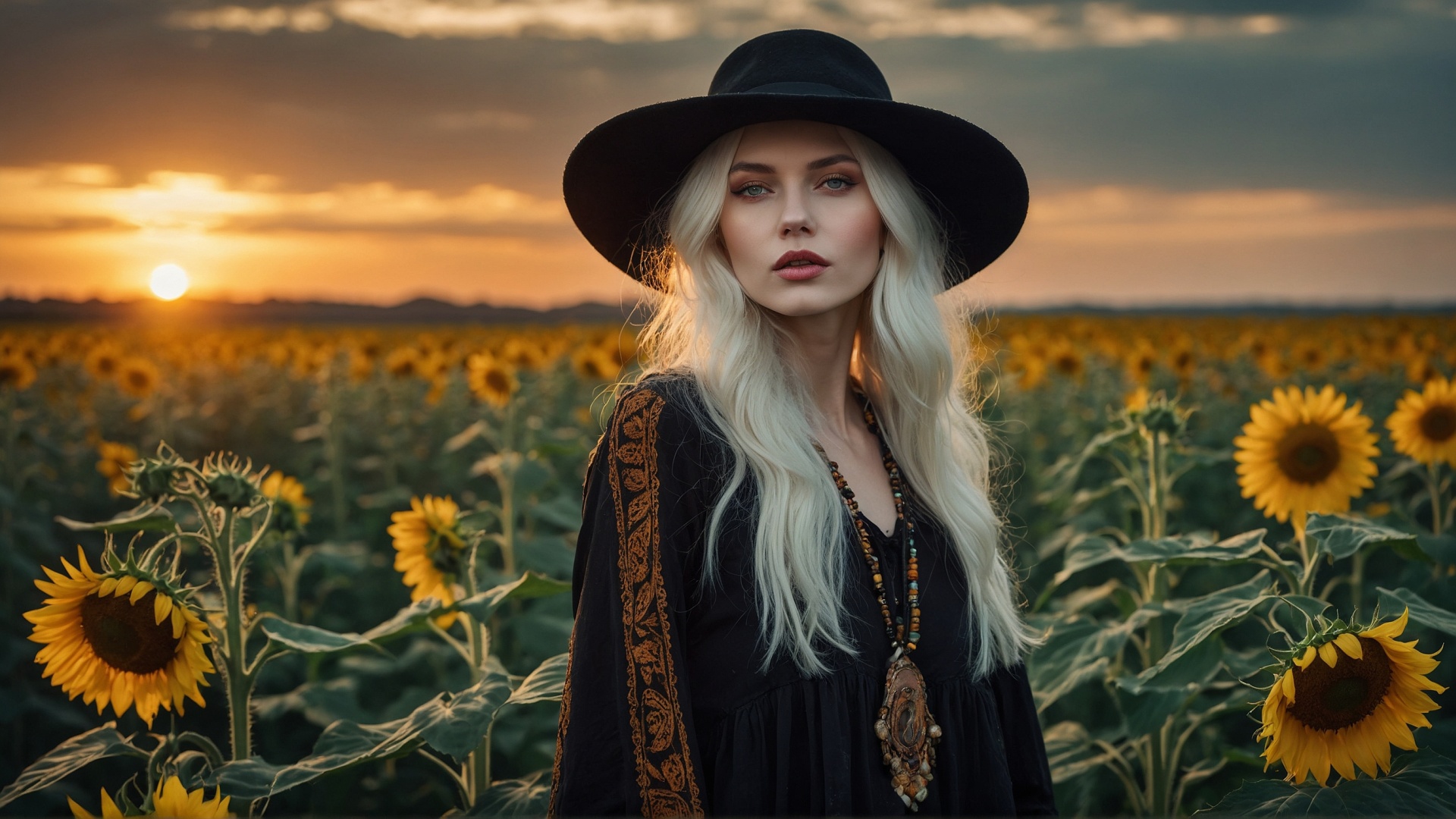 Blonde woman with black hat in sunflower field at sunset