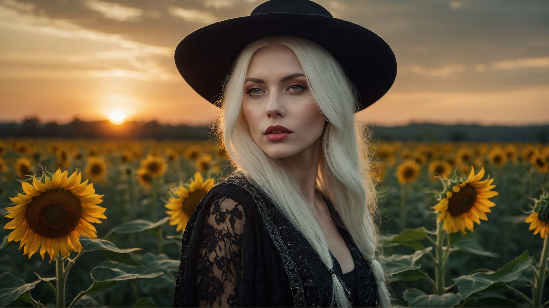 Blonde woman with black hat in sunflower field at sunset