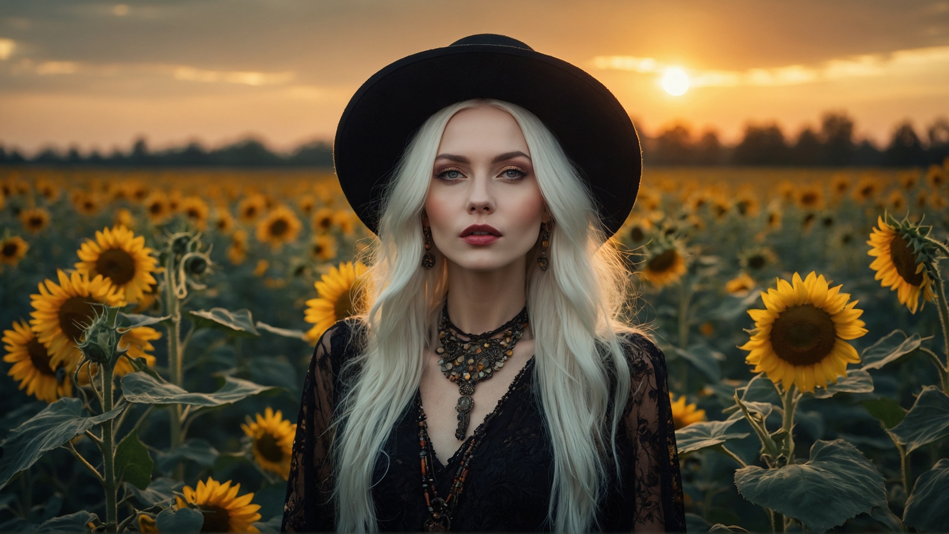 Blonde woman with black hat in sunflower field at sunset