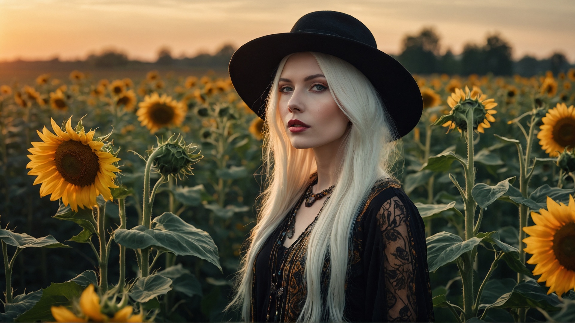 Blonde woman with black hat in sunflower field at sunset
