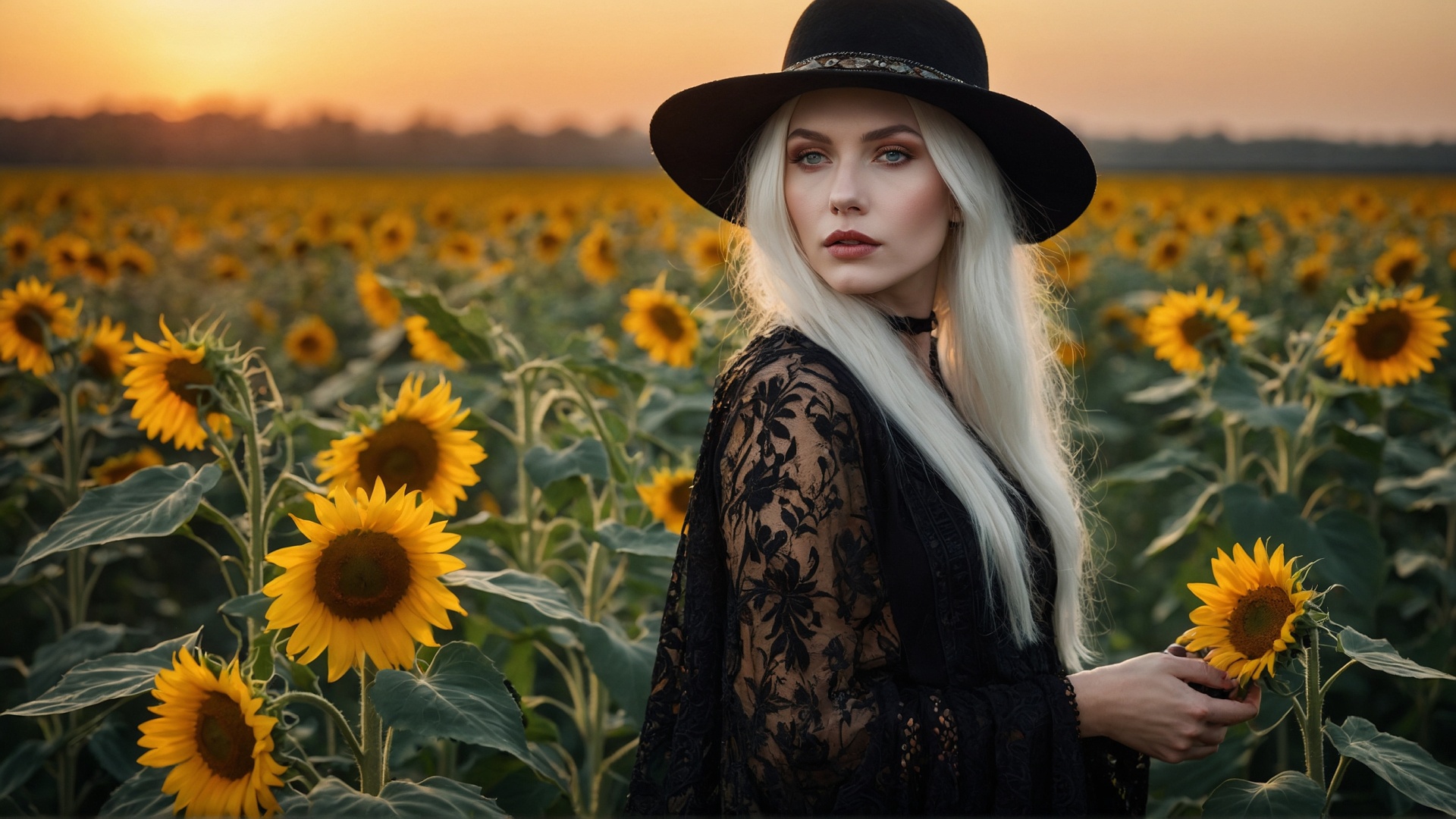 Blonde woman with black hat in sunflower field at sunset