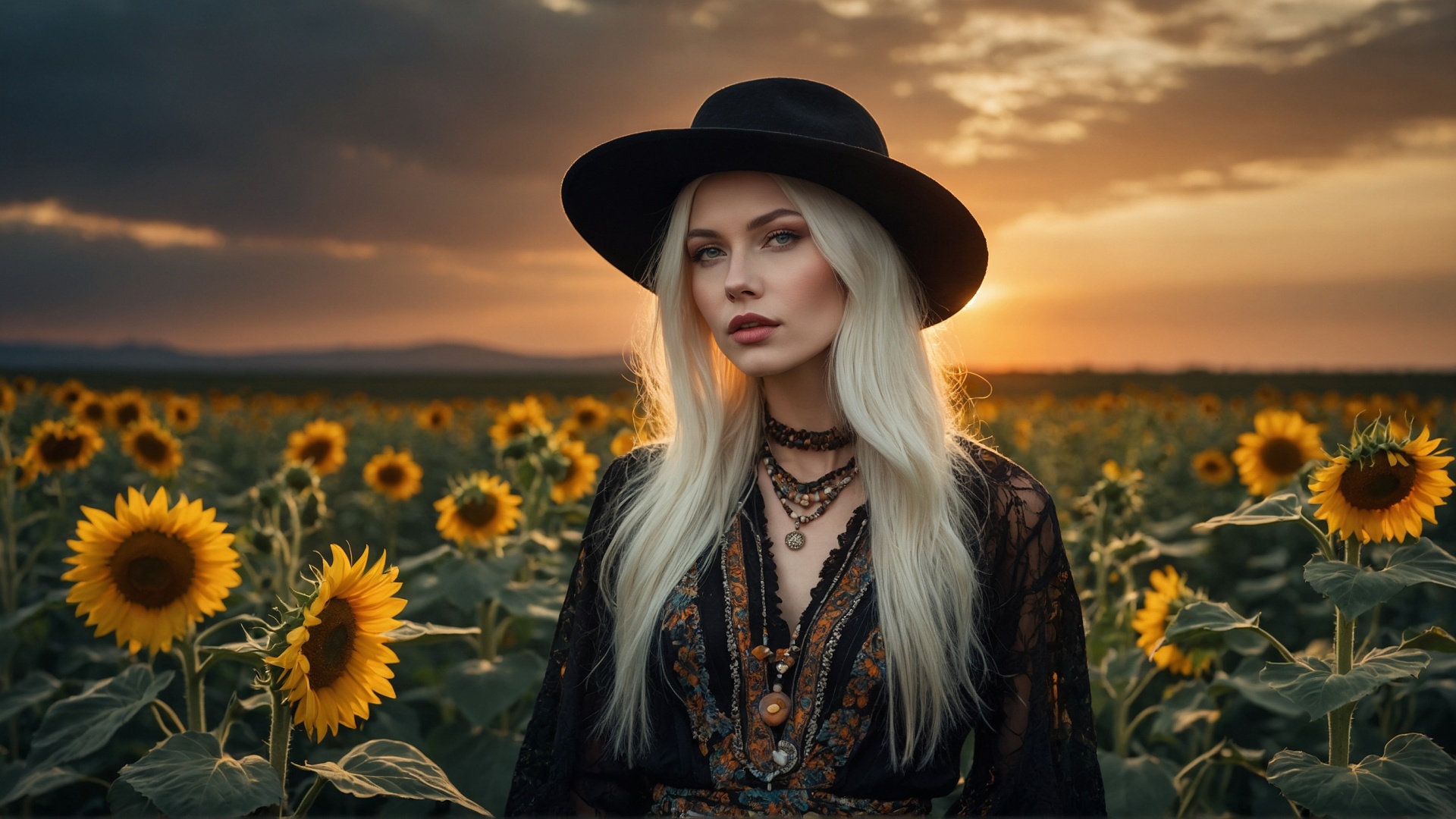 Blonde woman with black hat in sunflower field at sunset