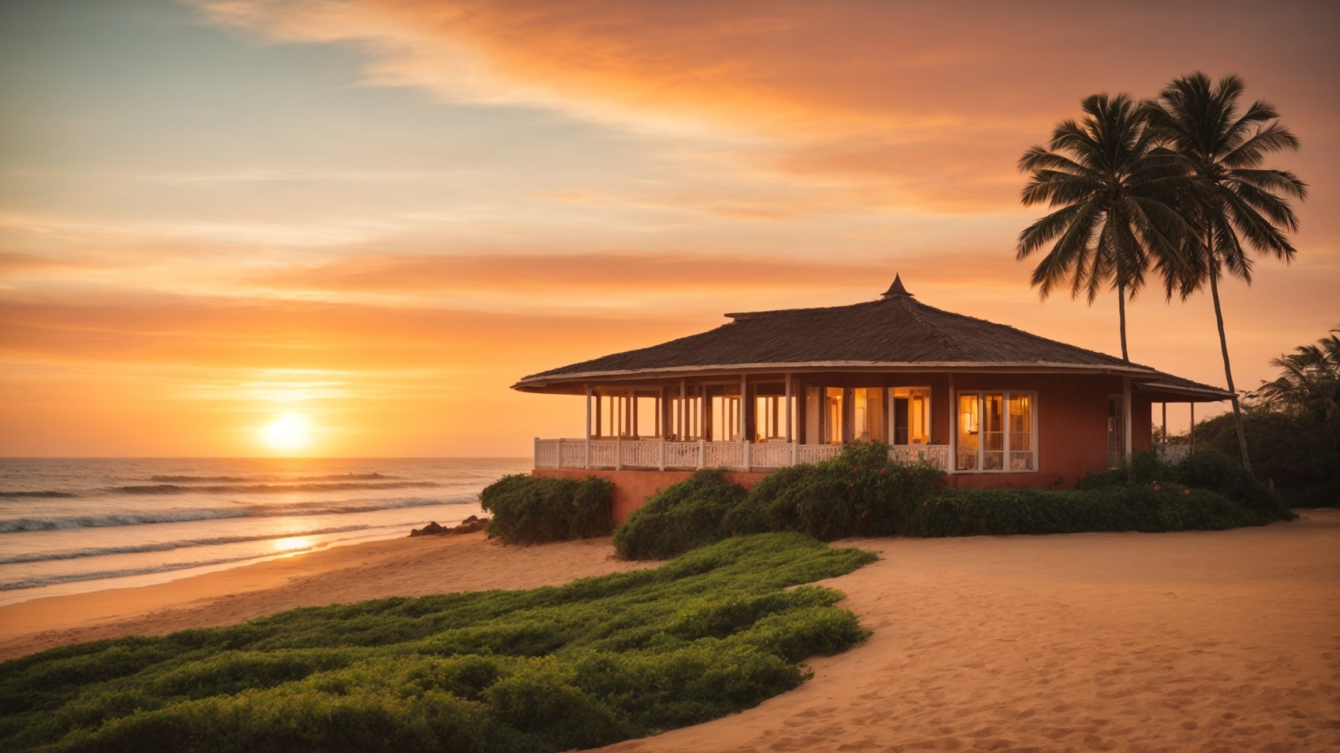 Luxury residential home on the beach at sunset