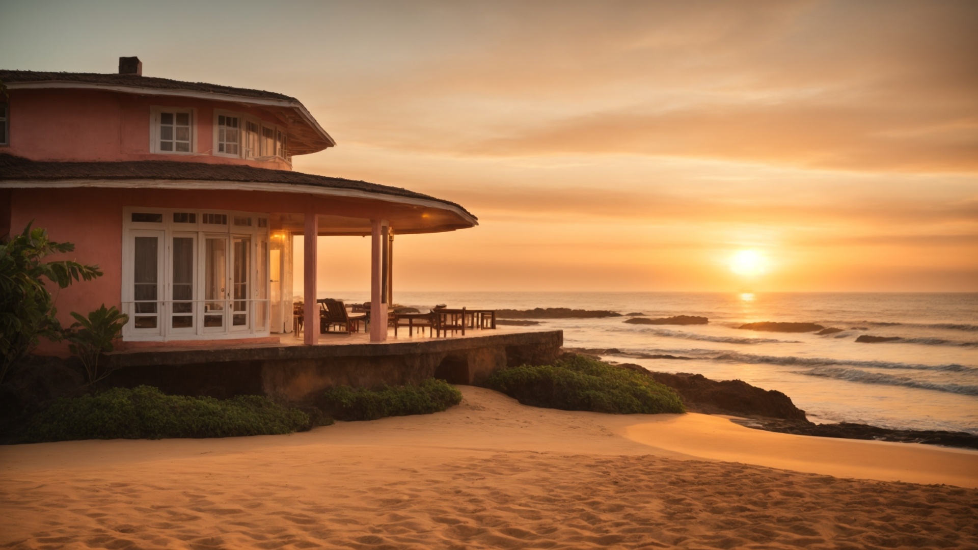 Luxury residential home on the beach at sunset