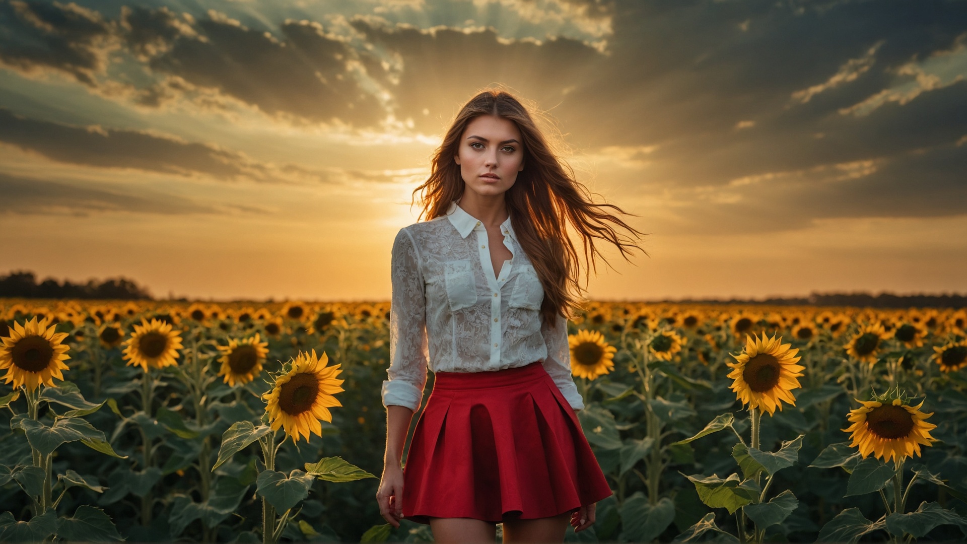 Redhead woman with red mini skirt in sunflower field at sunset