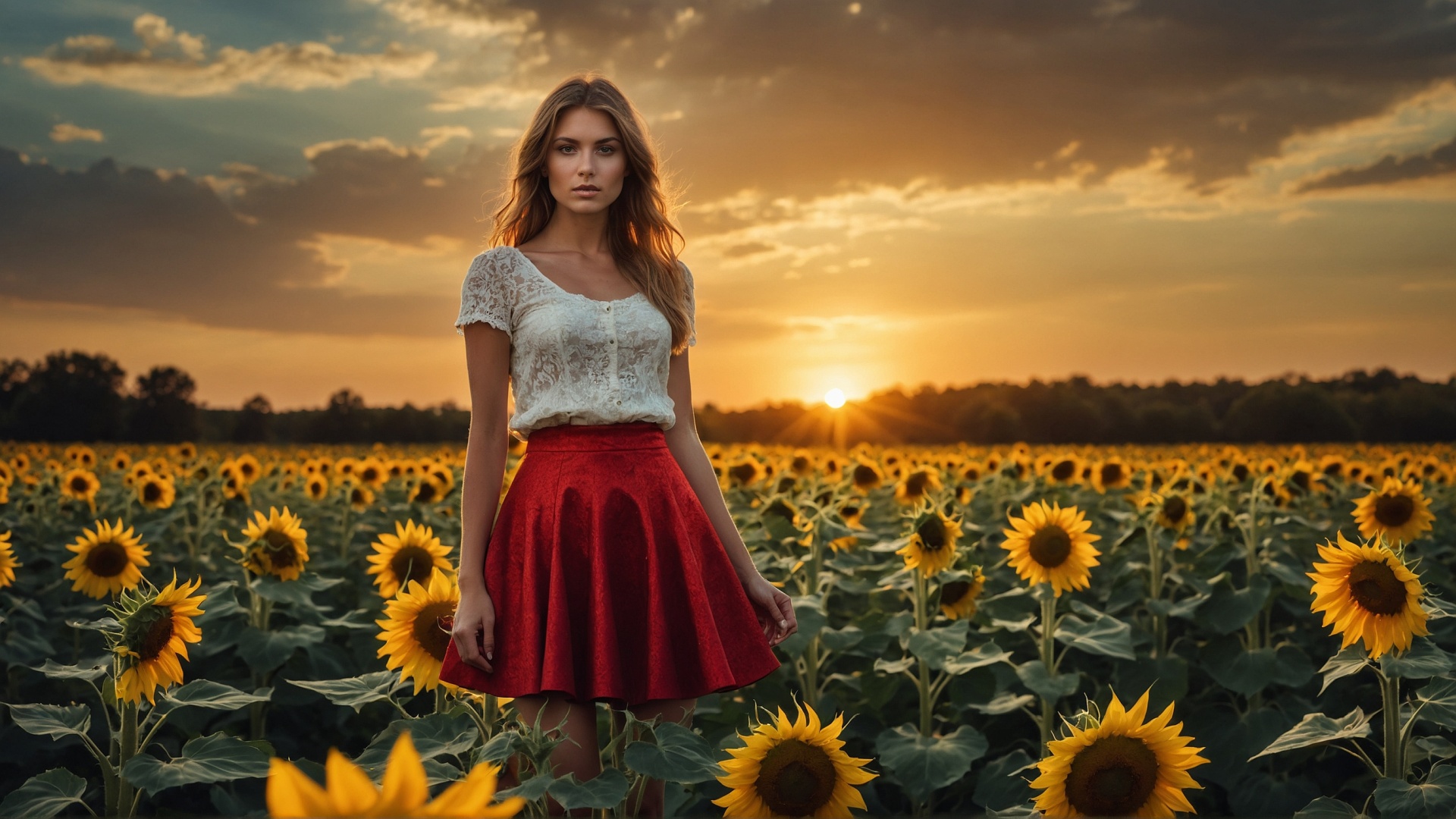 Redhead woman with red mini skirt in sunflower field at sunset