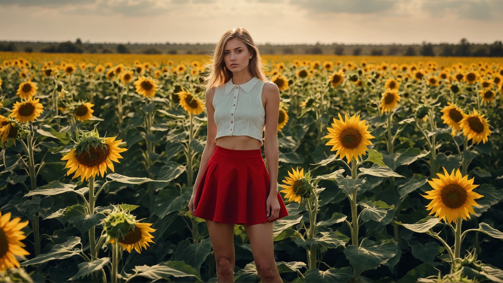 Redhead woman with red mini skirt in sunflower field at sunset