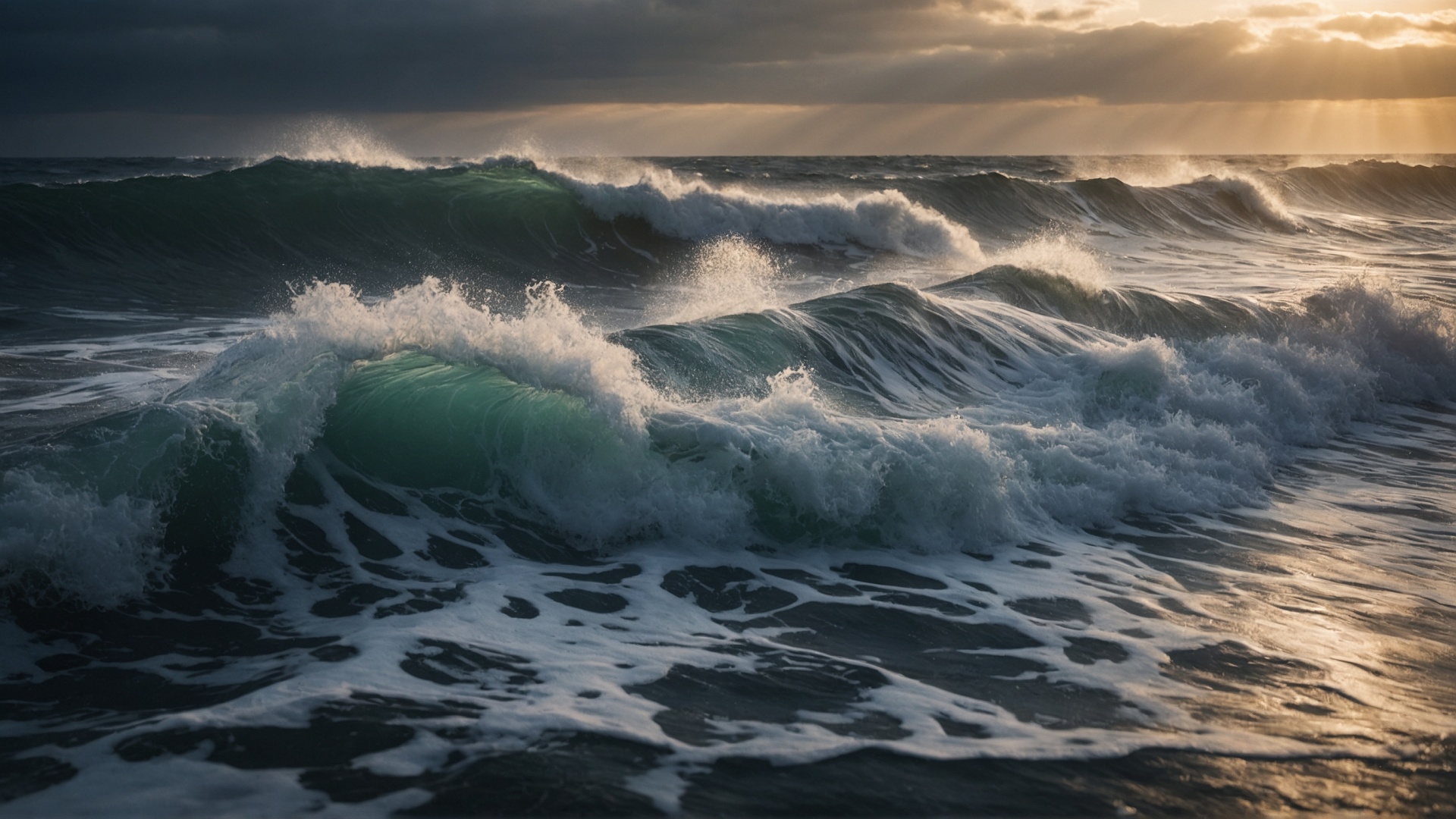 Rolling monster waves in the ocean at sunset