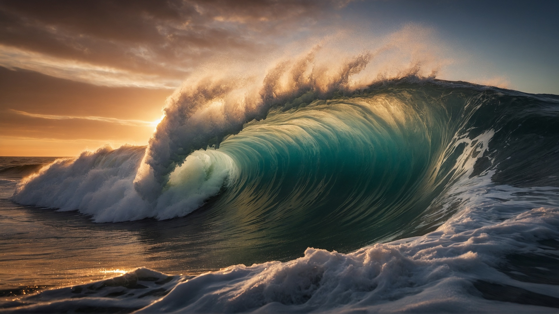 Rolling monster wave in the ocean at sunset