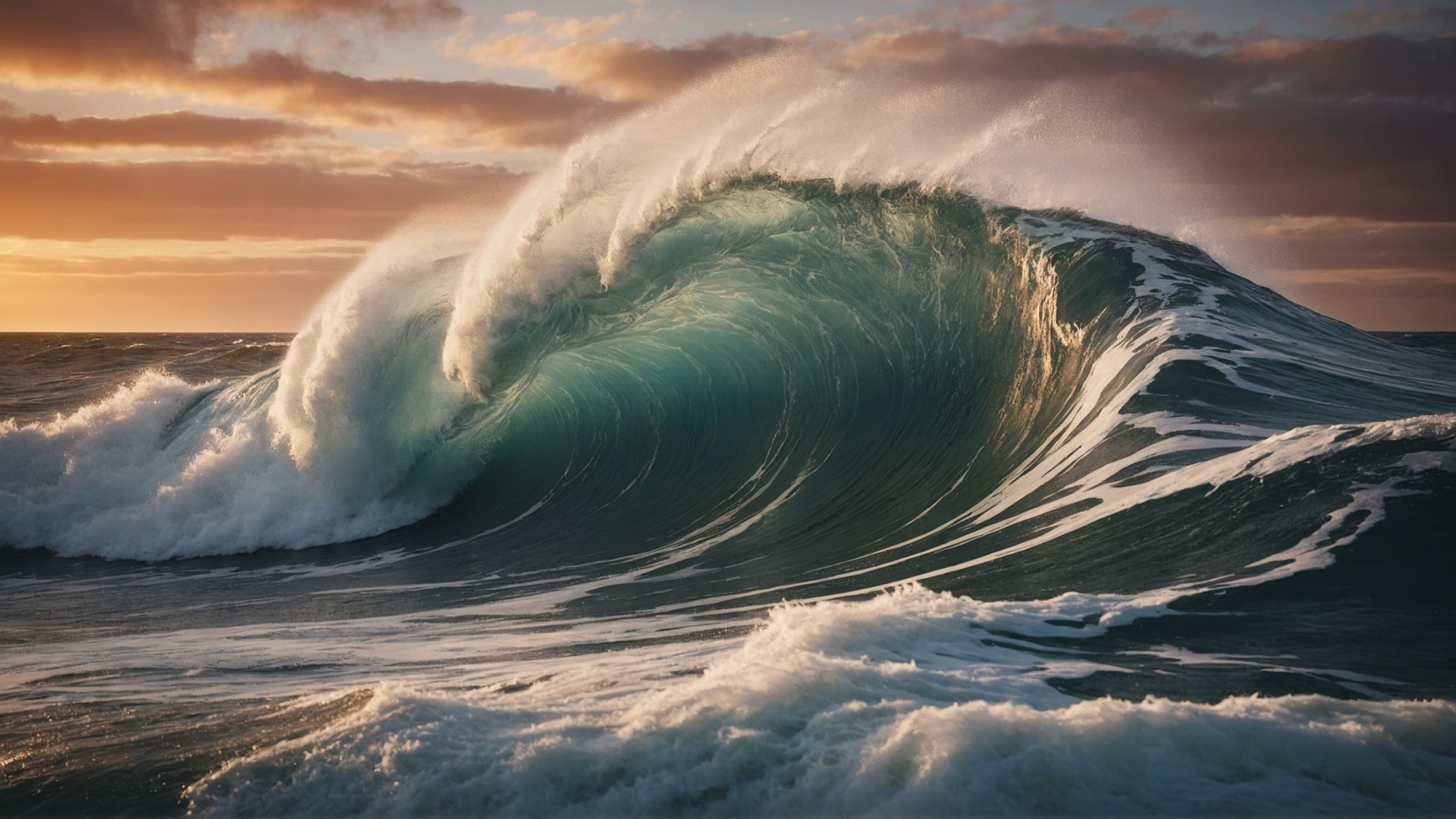 Rolling monster wave in the ocean at sunset