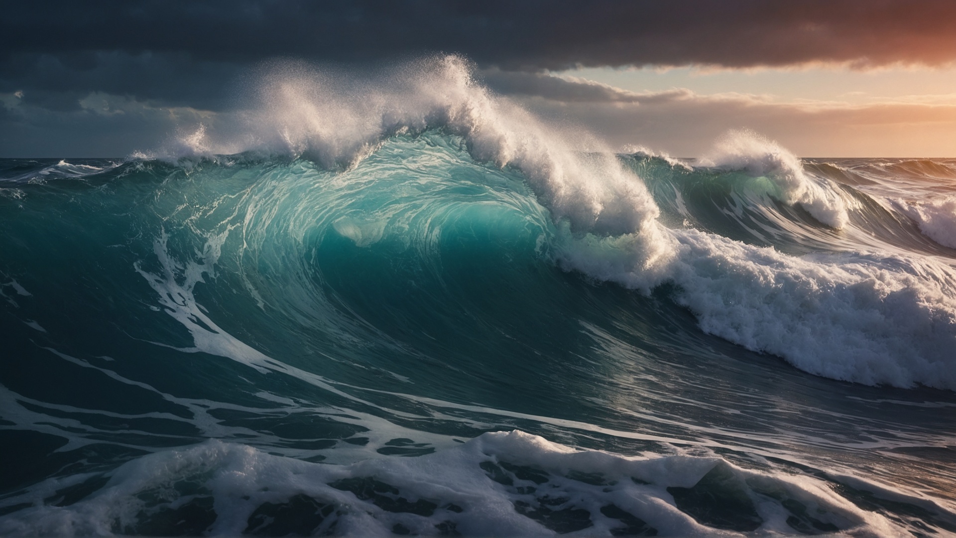 Rolling monster wave in the ocean at sunset