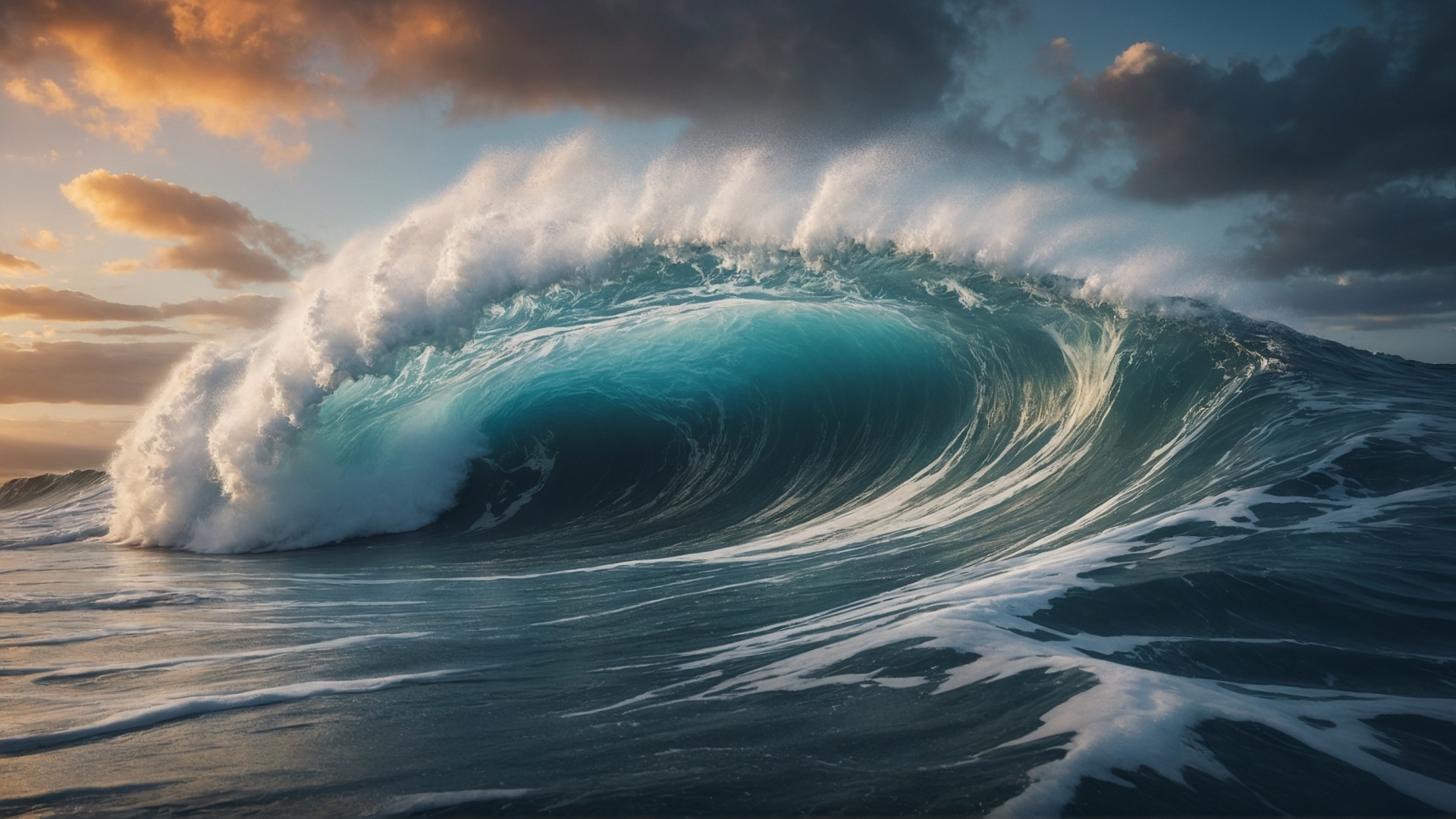 Rolling monster wave in the ocean at sunset