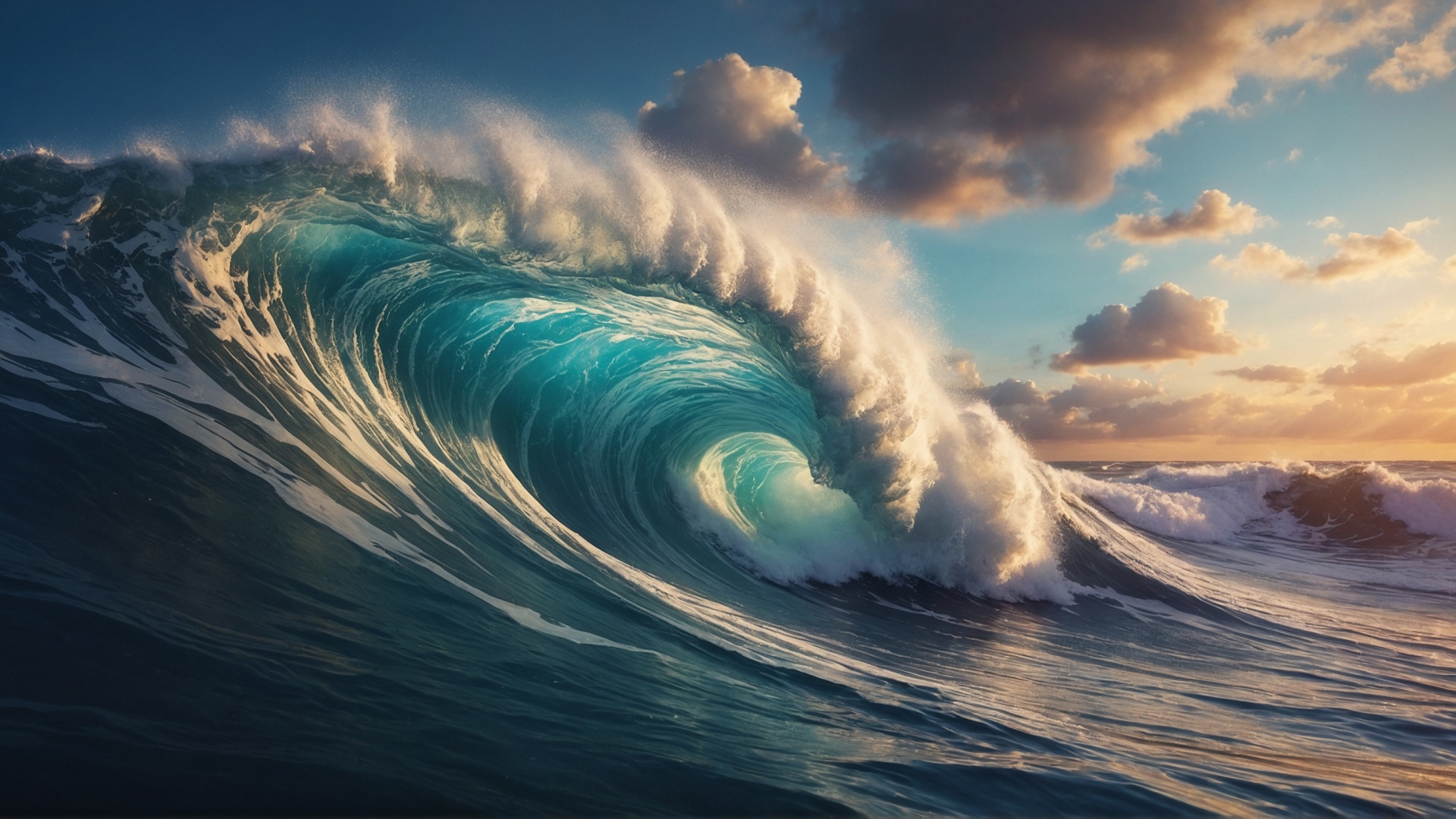 Rolling monster wave in the ocean at sunset
