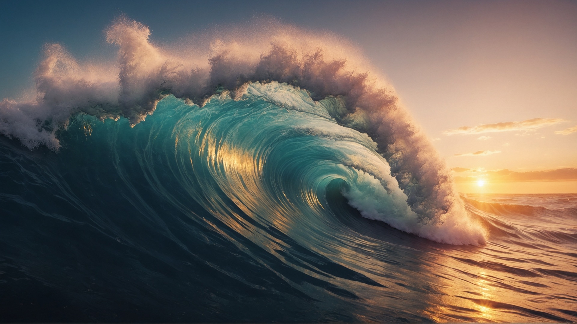 Rolling monster wave in the ocean at sunset