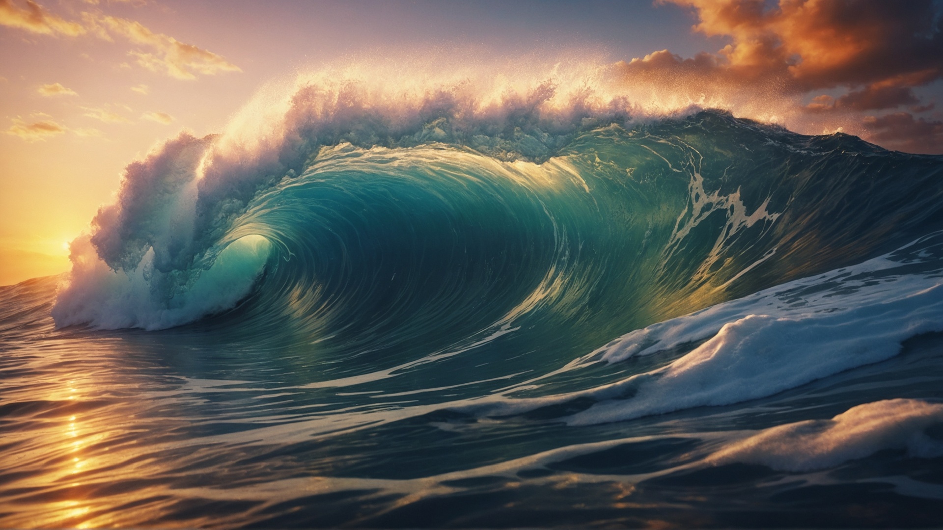 Rolling monster wave in the ocean at sunset