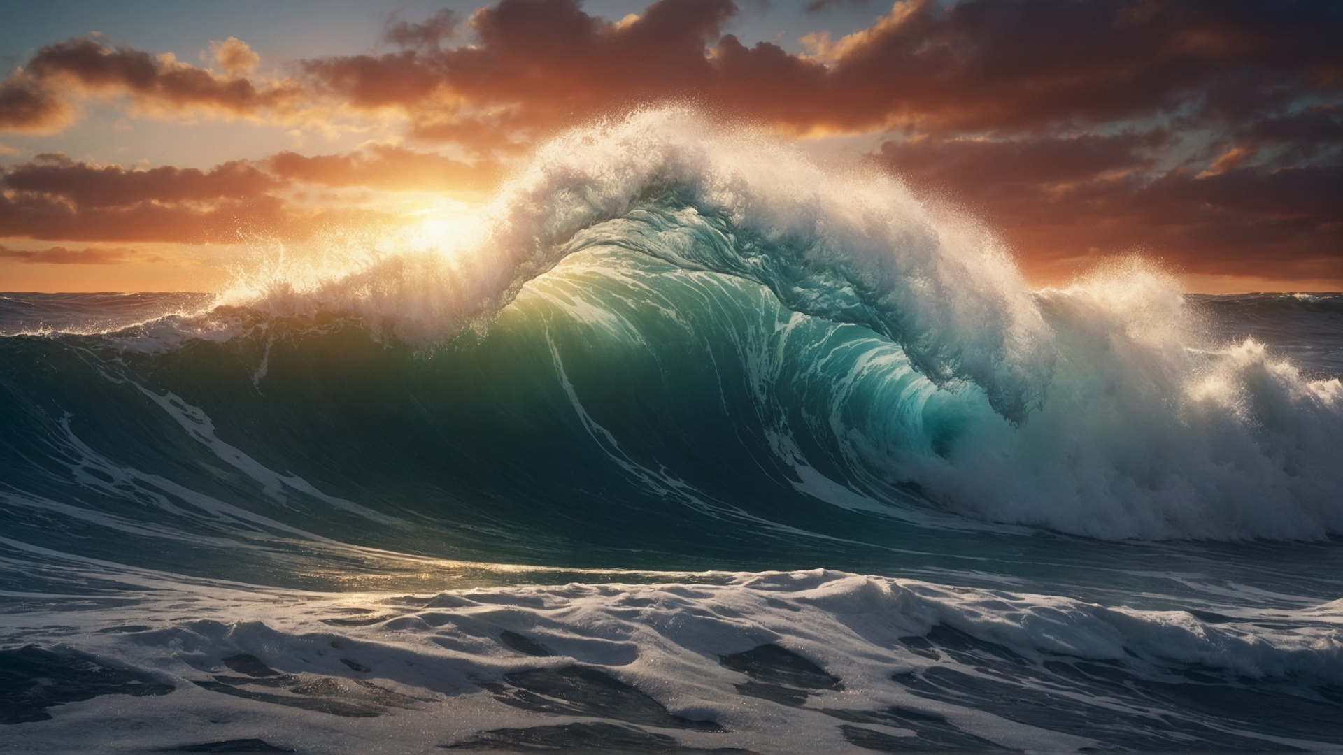 Rolling monster wave in the ocean at sunset