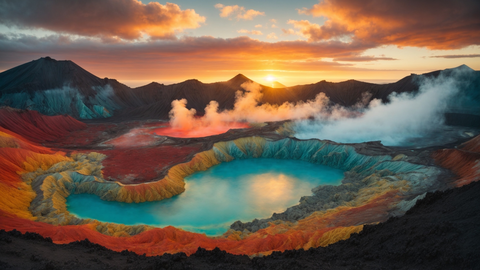 Volcano lake aerial view at sunset