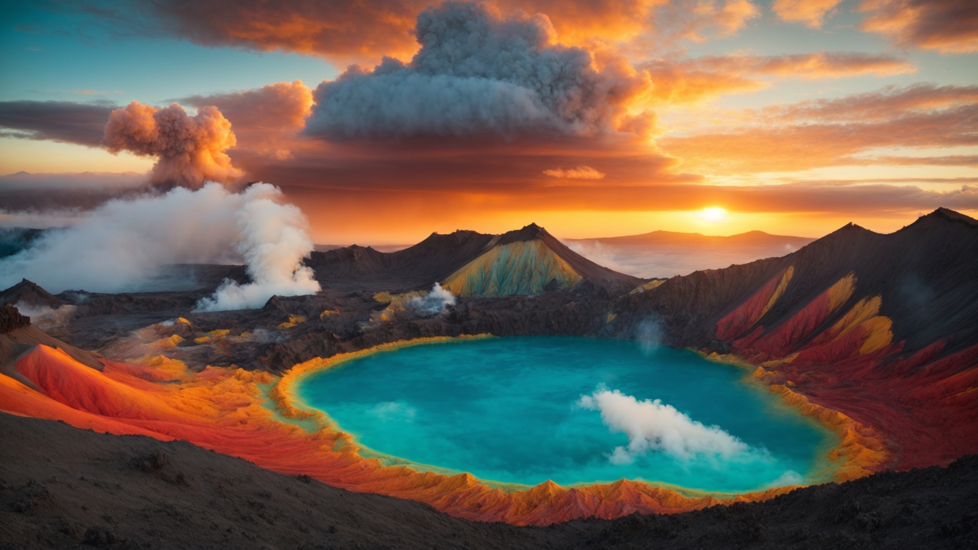Volcano lake aerial view at sunset
