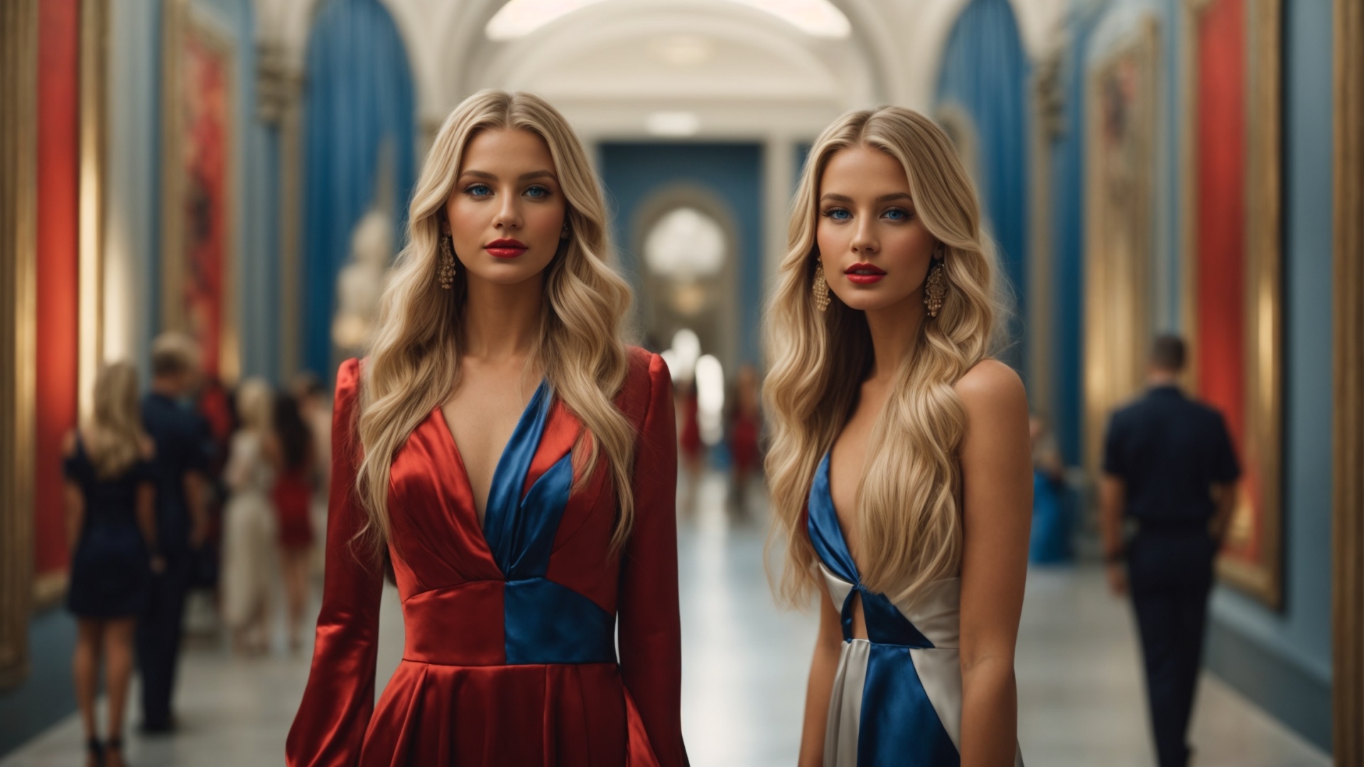 Blonde women in art gallery