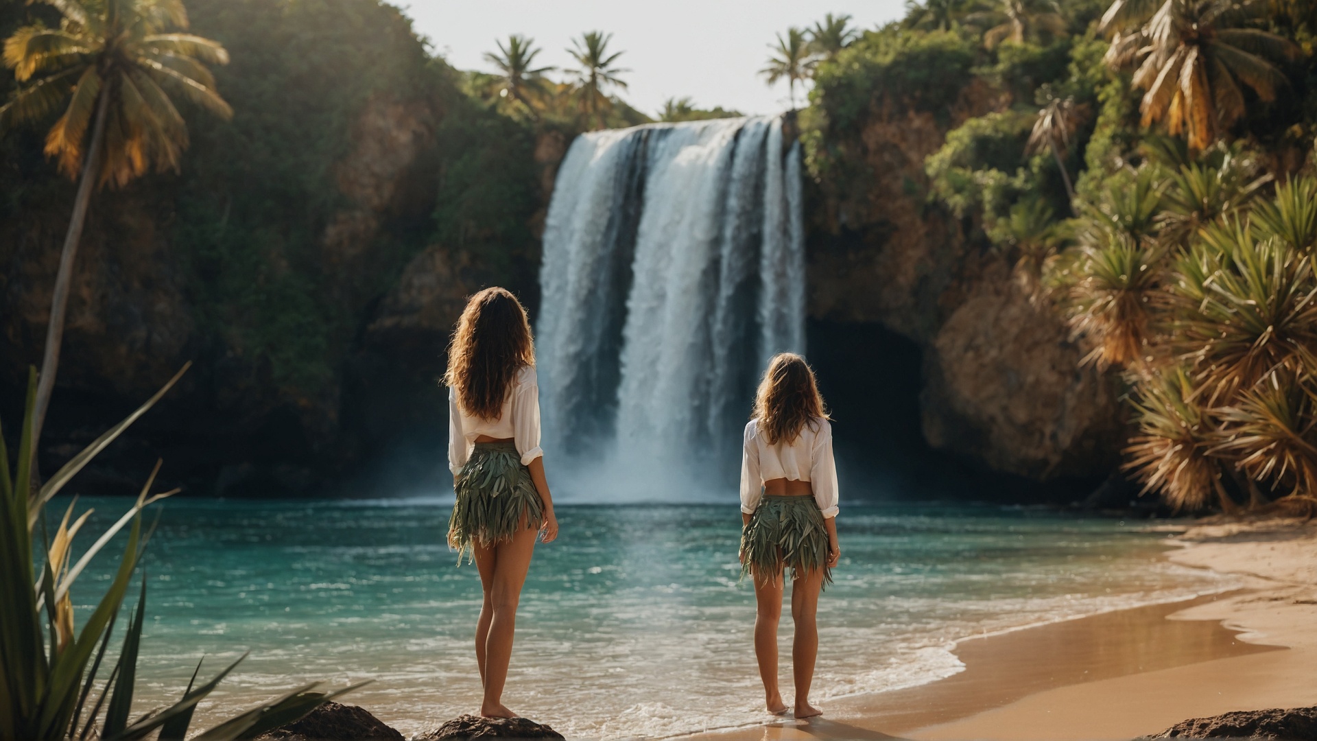 Brunette women on palm beach with waterfall