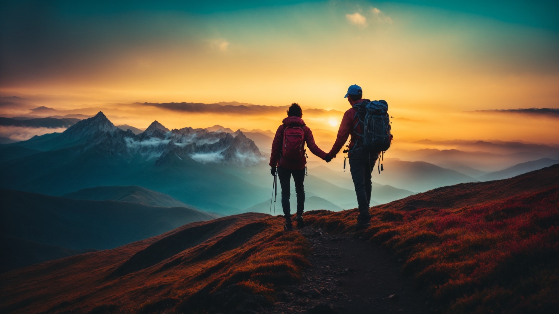 Silhouette of hiker helping friend reach the mountain