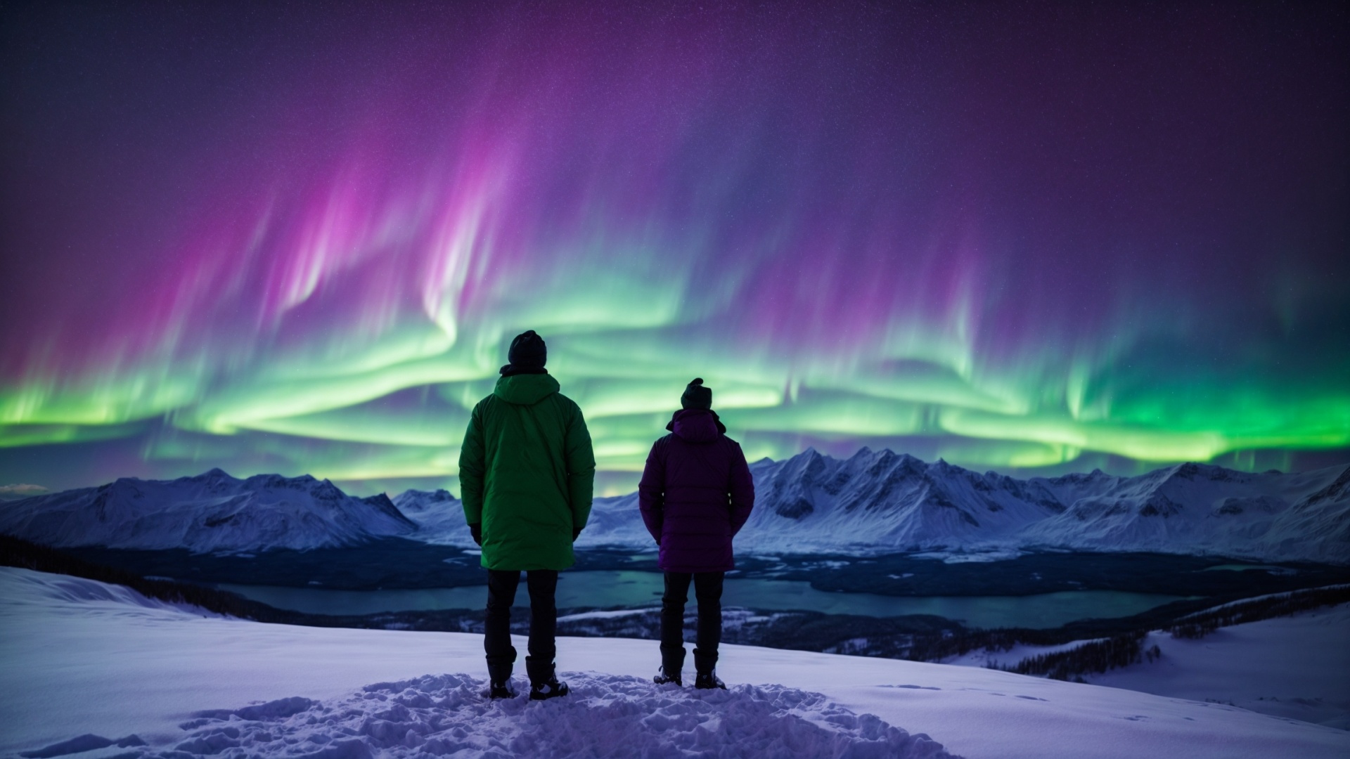 Silhouette of two men standing in front of northern lights