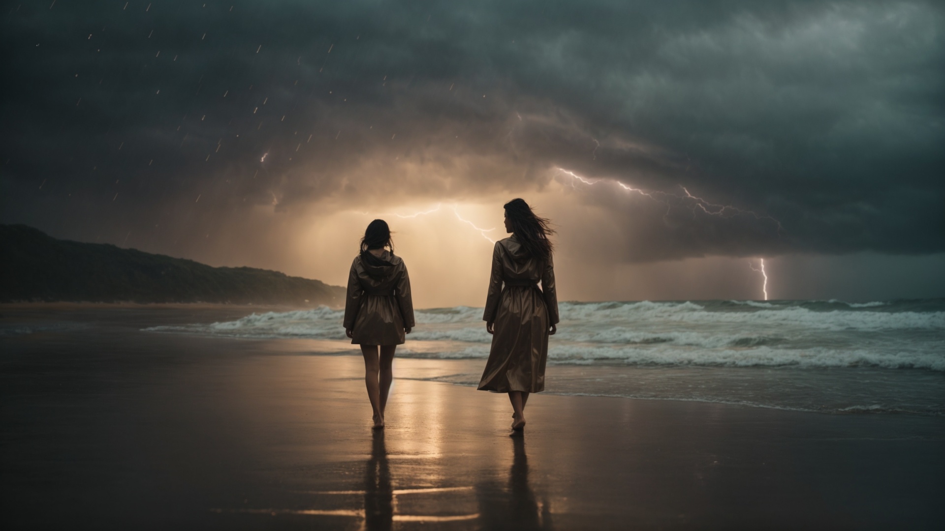 Twins on a rainy beach with stormy seas and lightning