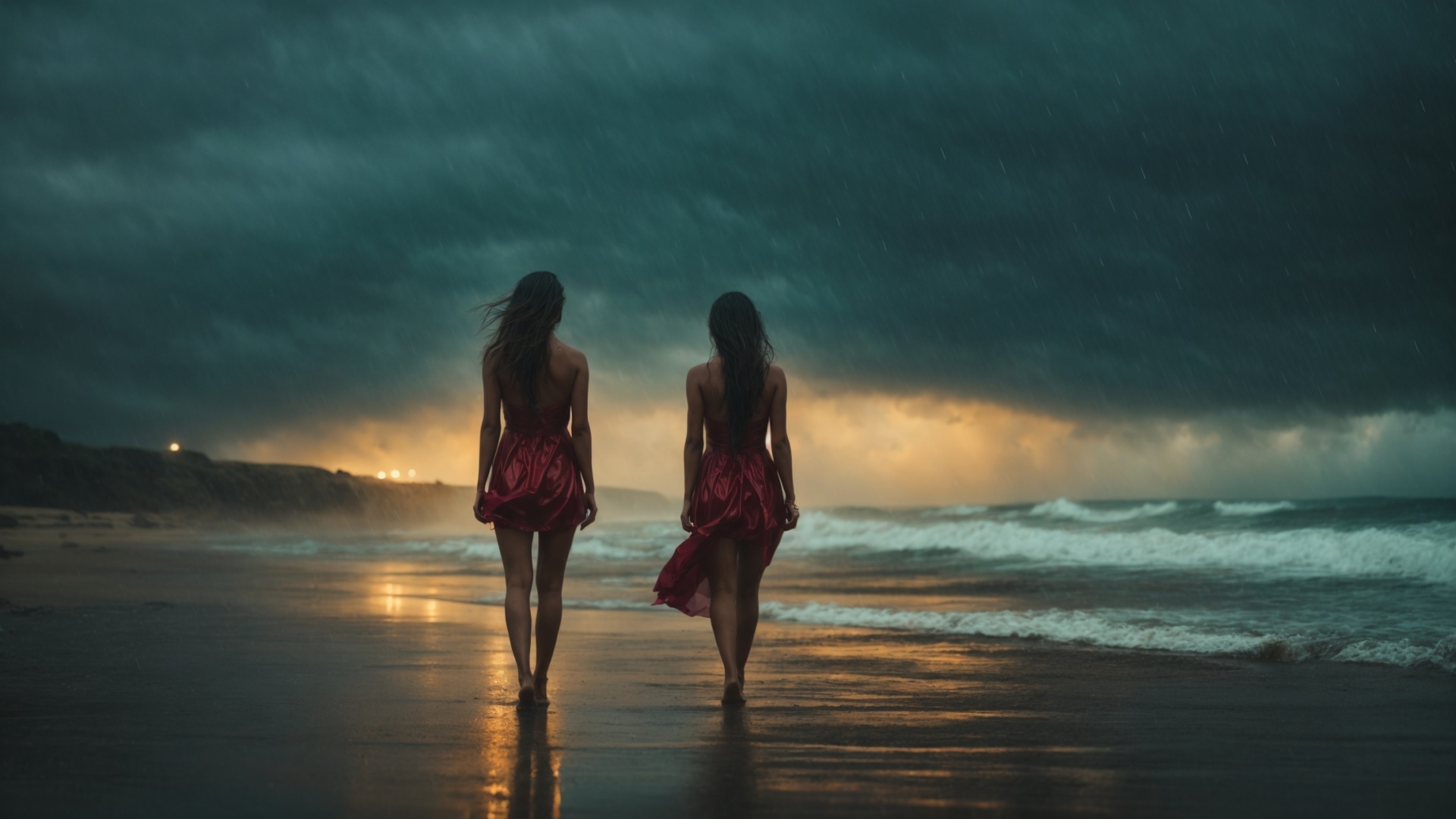 Twins on a rainy beach with stormy seas and lightning