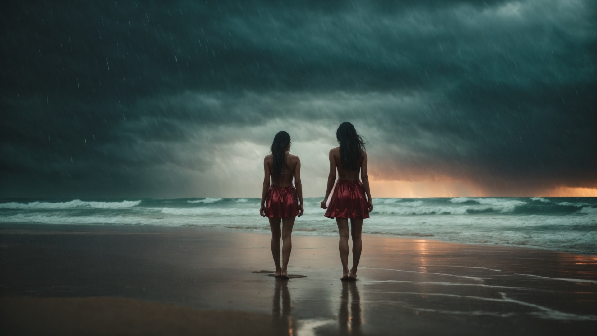 Twins on a rainy beach with stormy seas and lightning