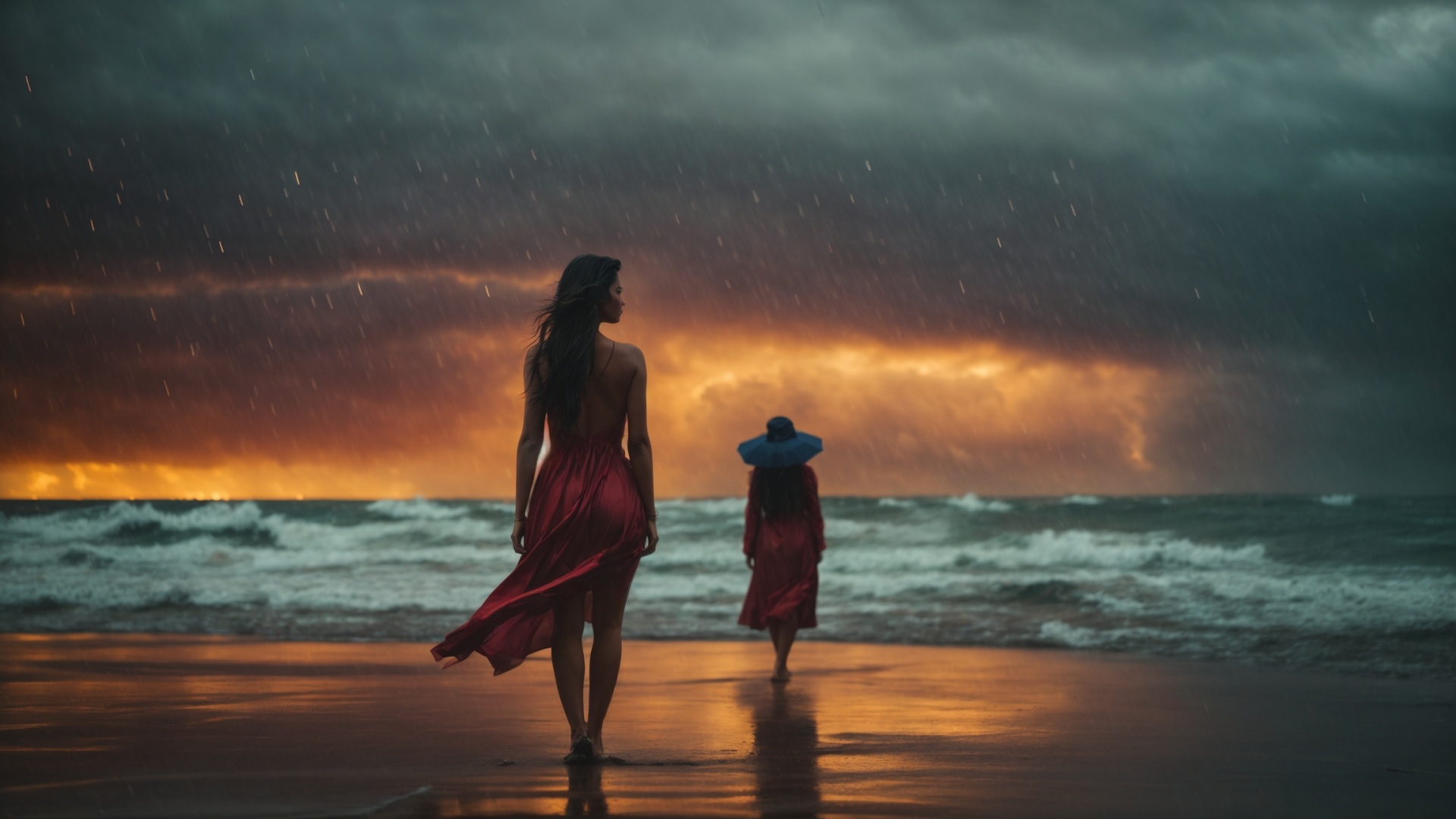 Twins on a rainy beach with stormy seas and lightning