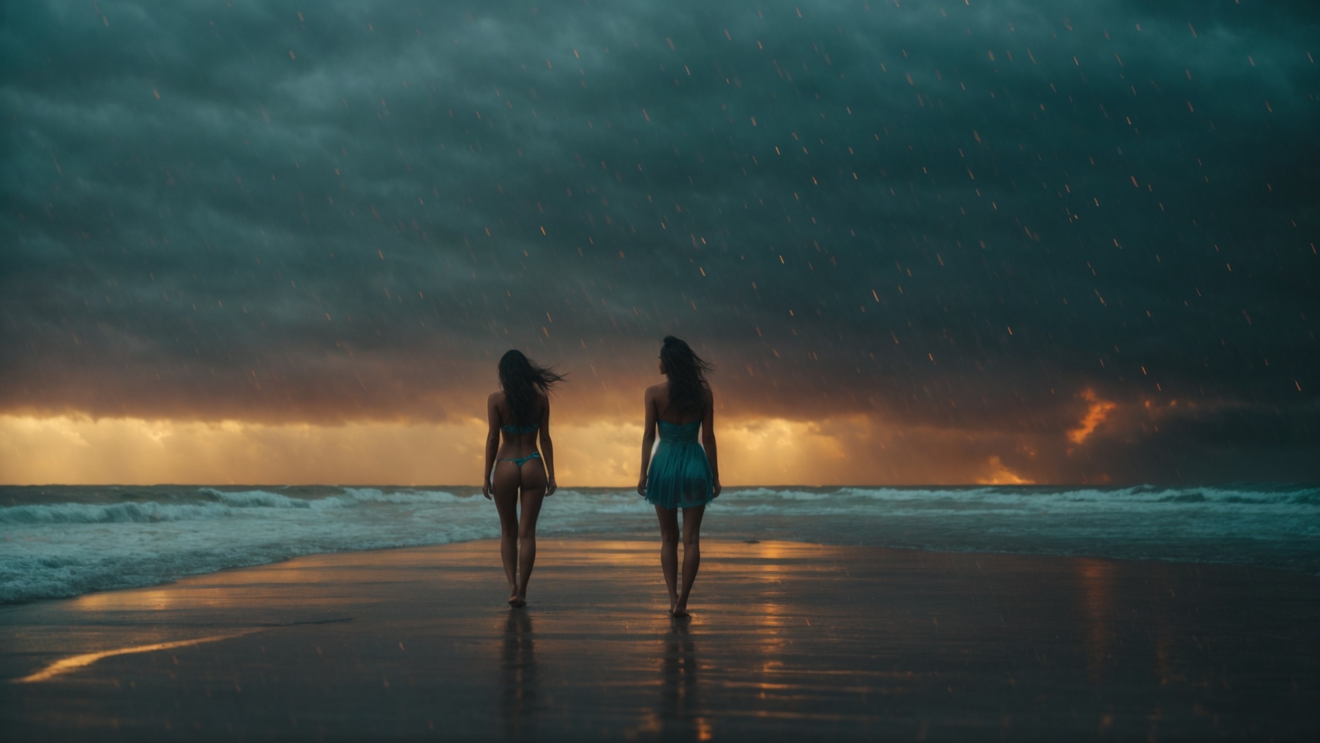 Twins on a rainy beach with stormy seas and lightning