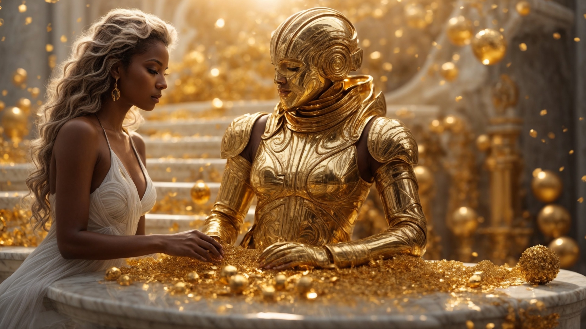 Two women in eden with golden light