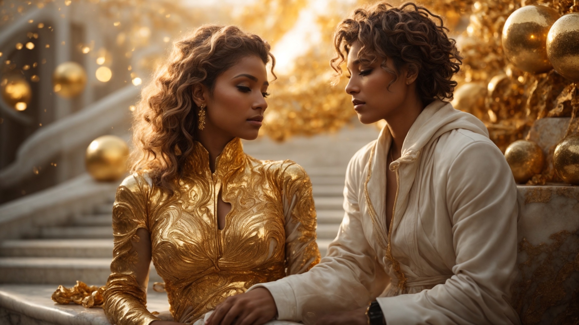 Two women in eden with golden light