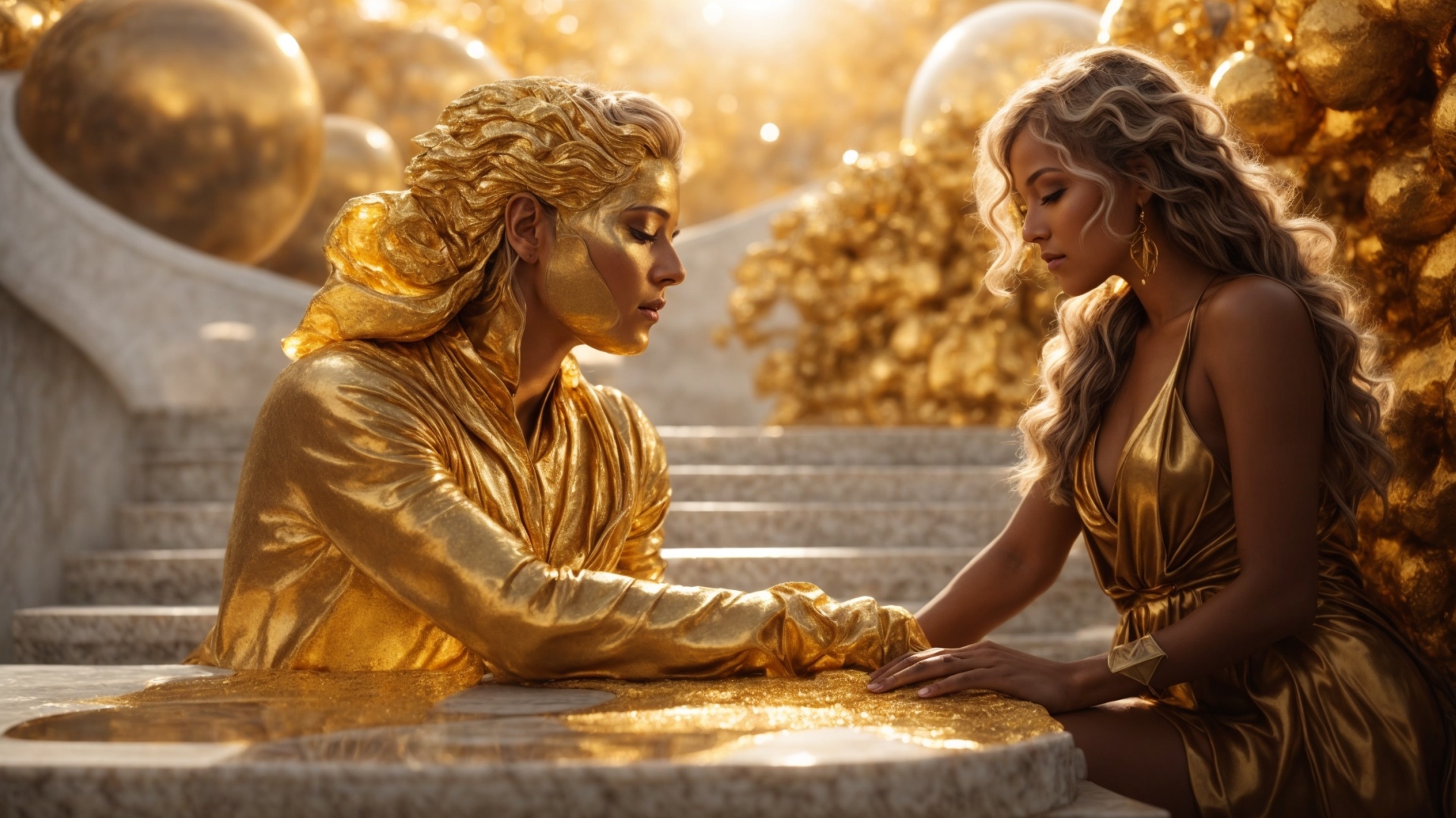 Two women in eden with golden light