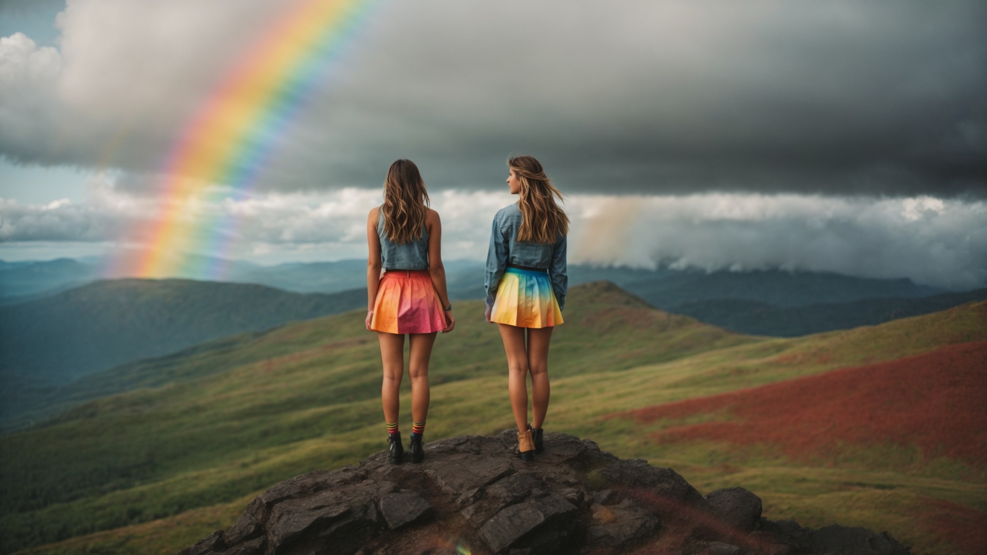 Two women with mini skirt on mountain with rainbow