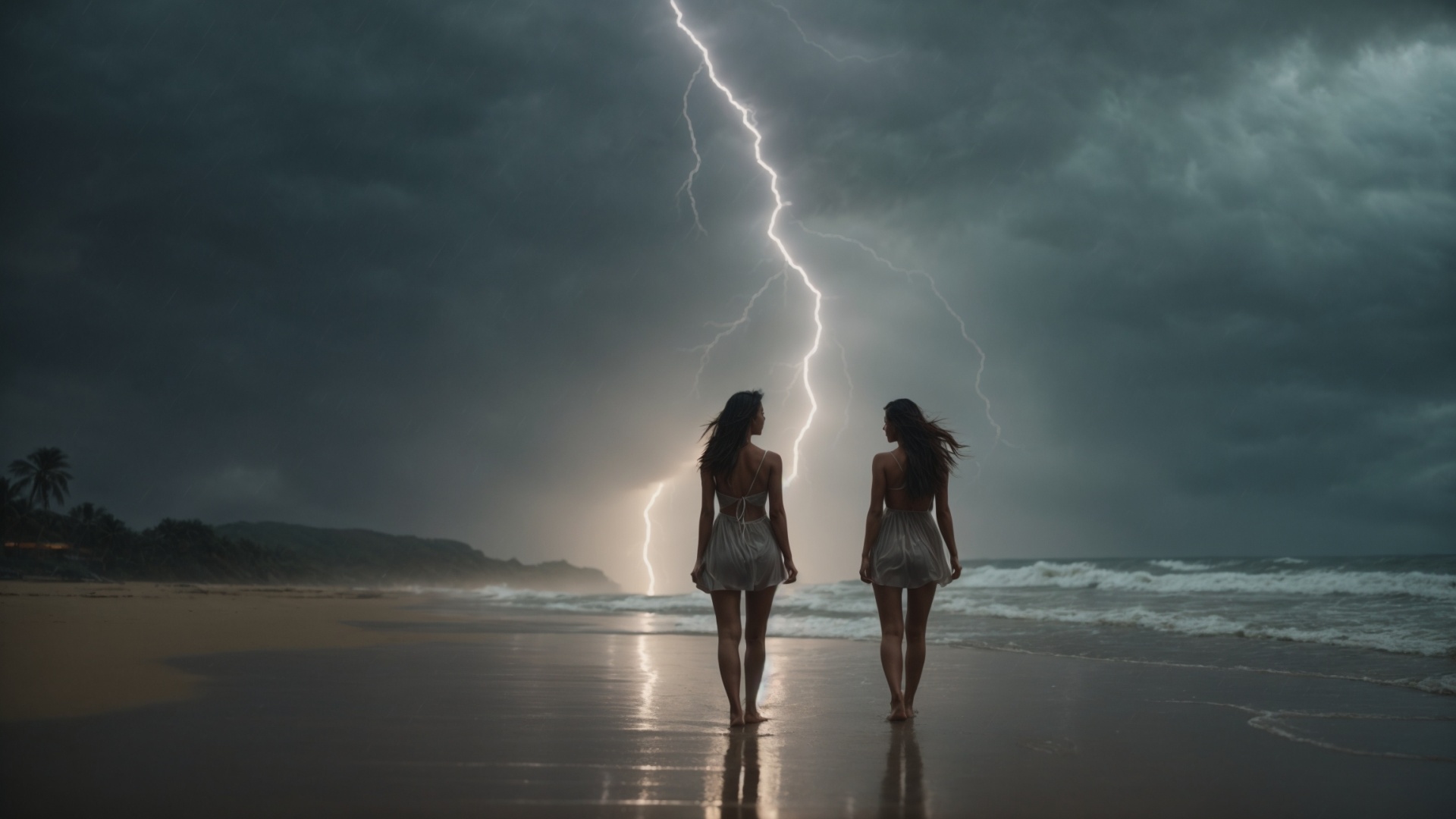Women on a rainy beach with stormy seas and lightning