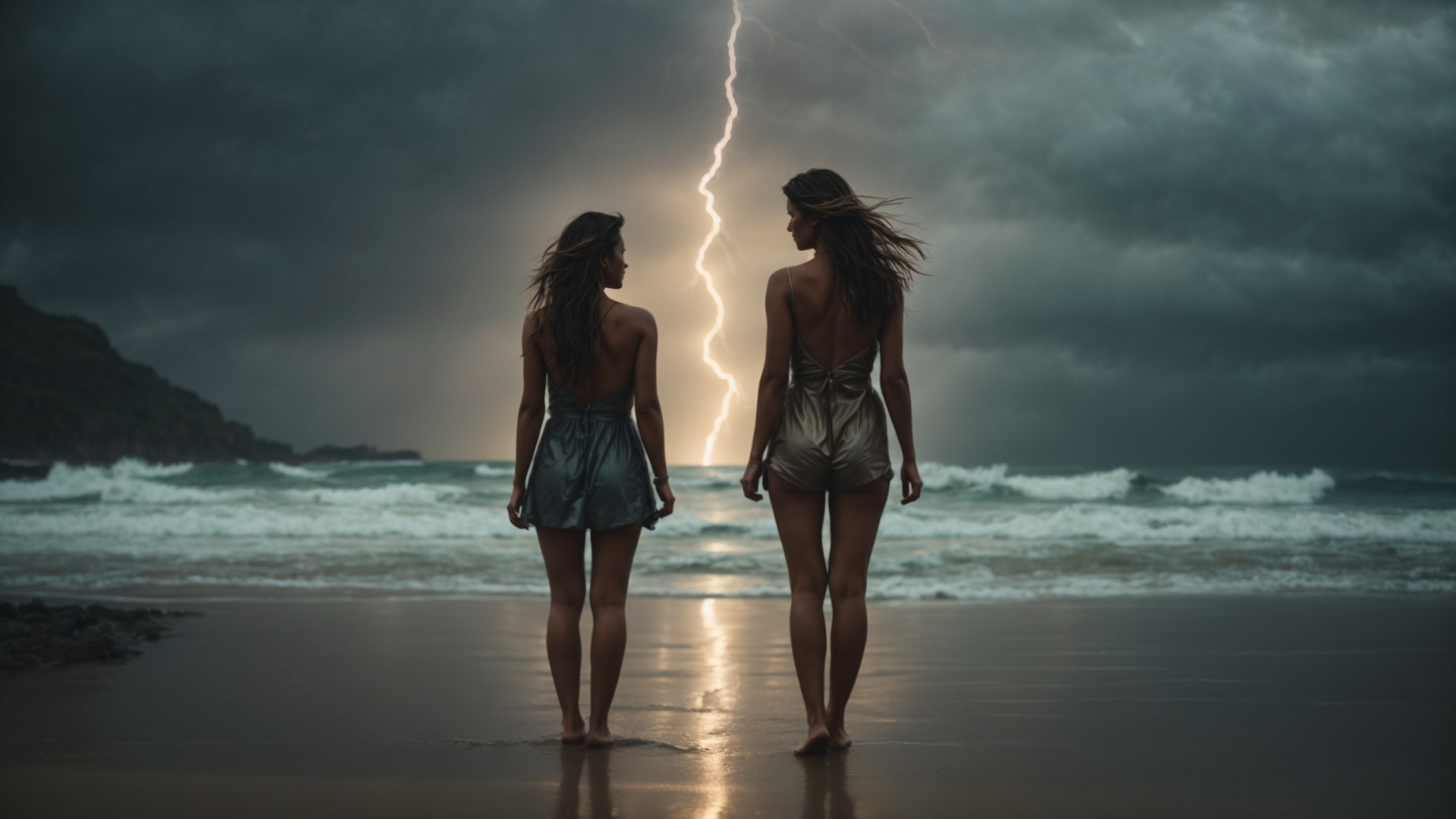 Women on a rainy beach with stormy seas and lightning