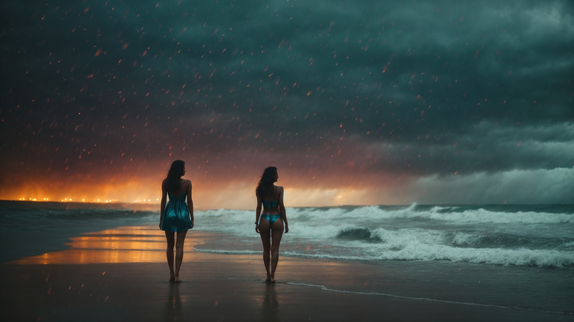 Women on a rainy beach with stormy seas and lightning