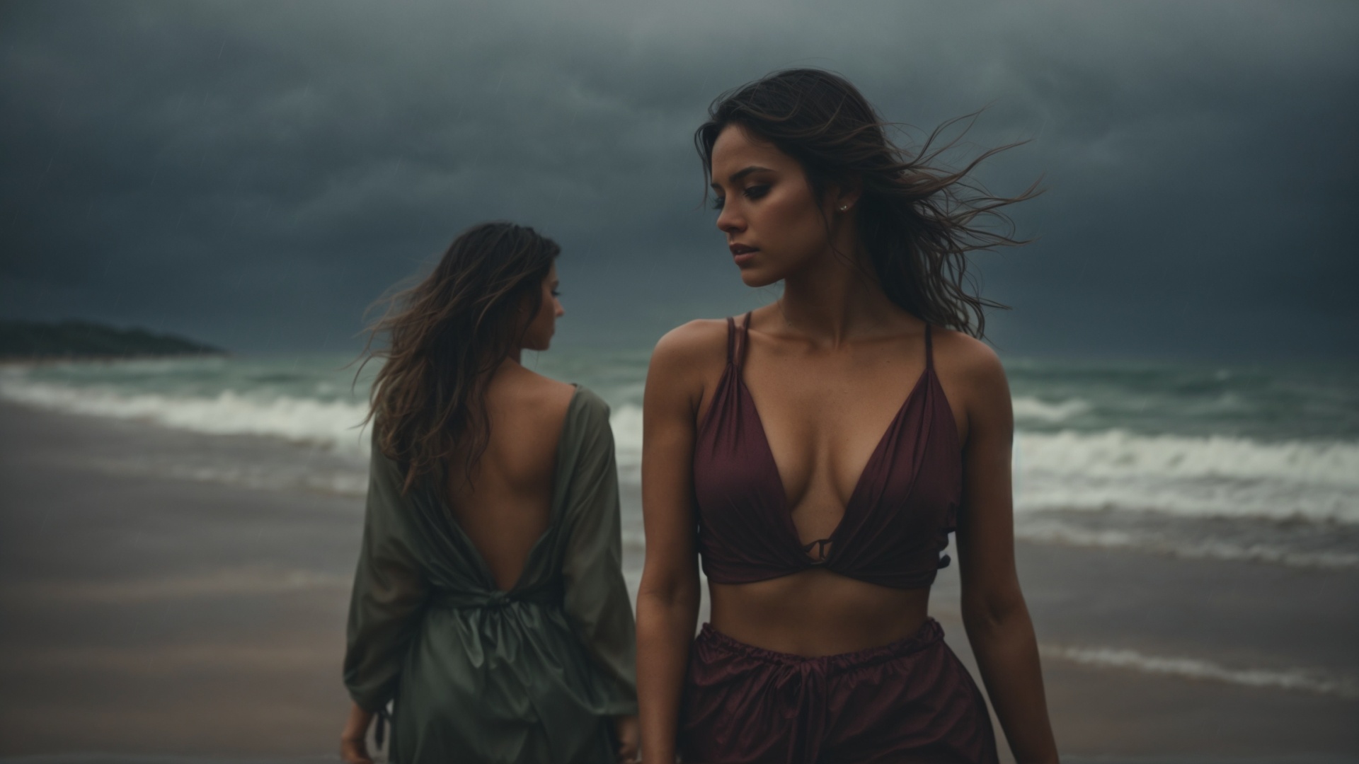 Woman on a rainy beach with stormy seas at night