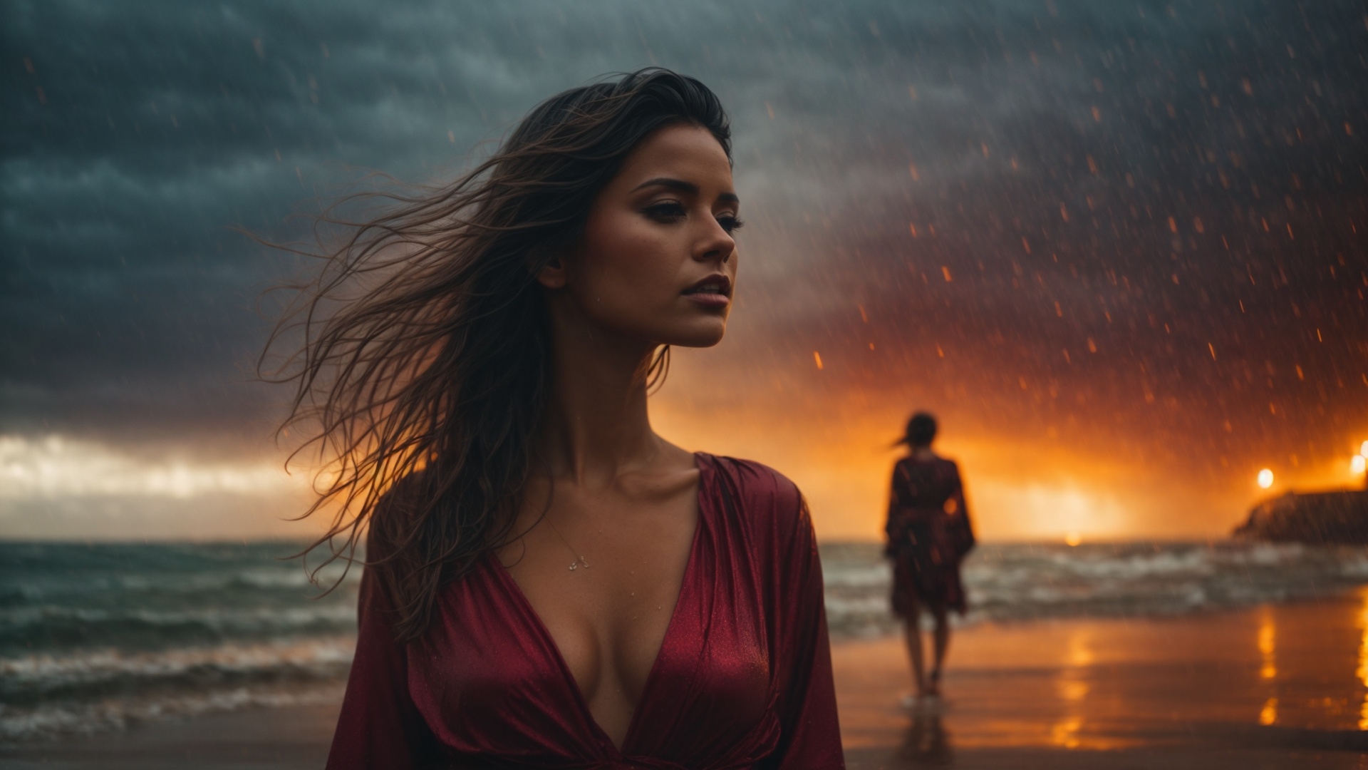 Women on a rainy beach with stormy seas and lightning