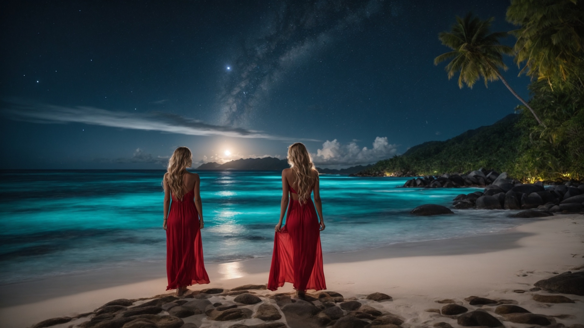 Women on the beach at night with starry sky