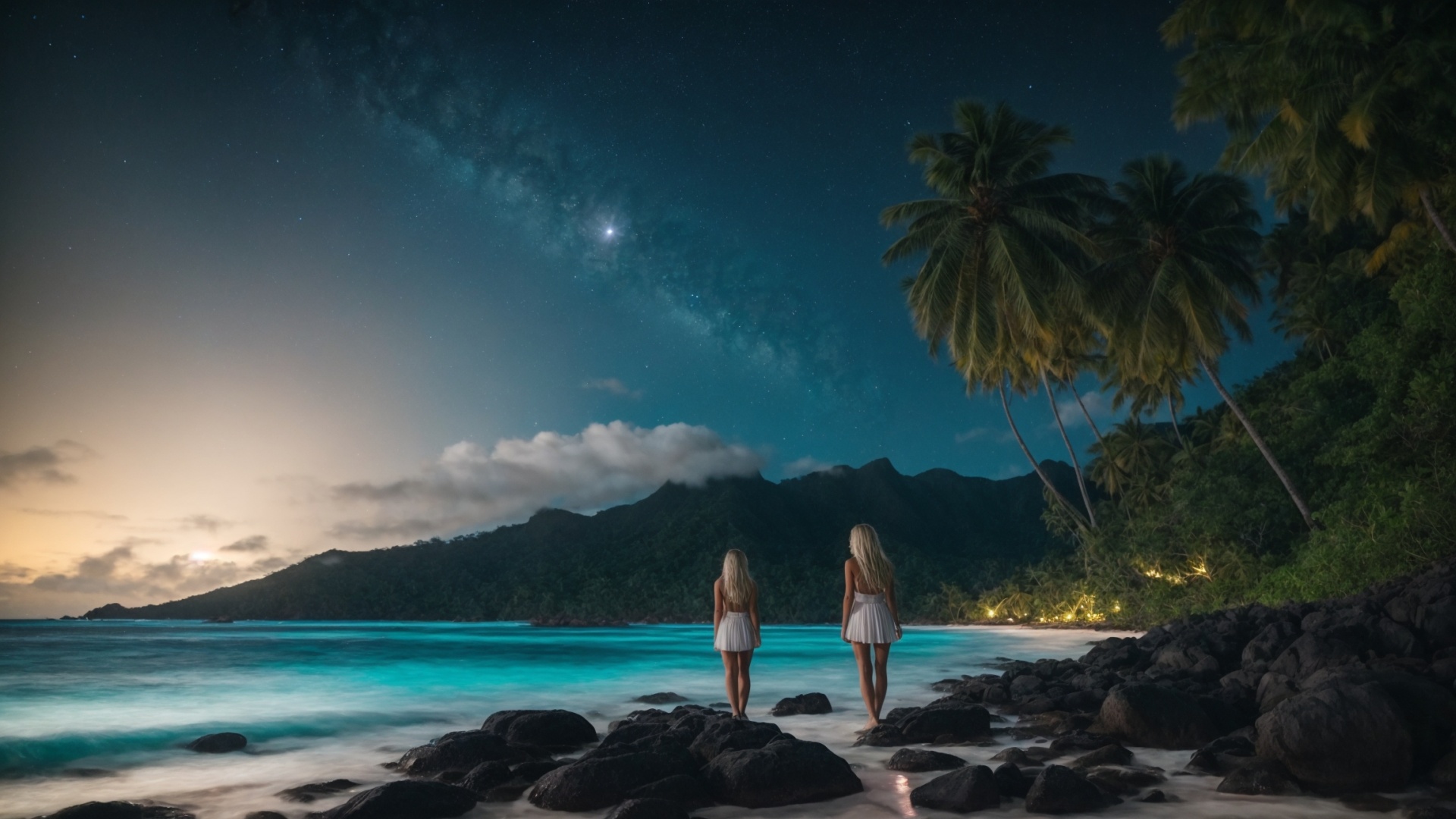 Women on the beach at night with starry sky