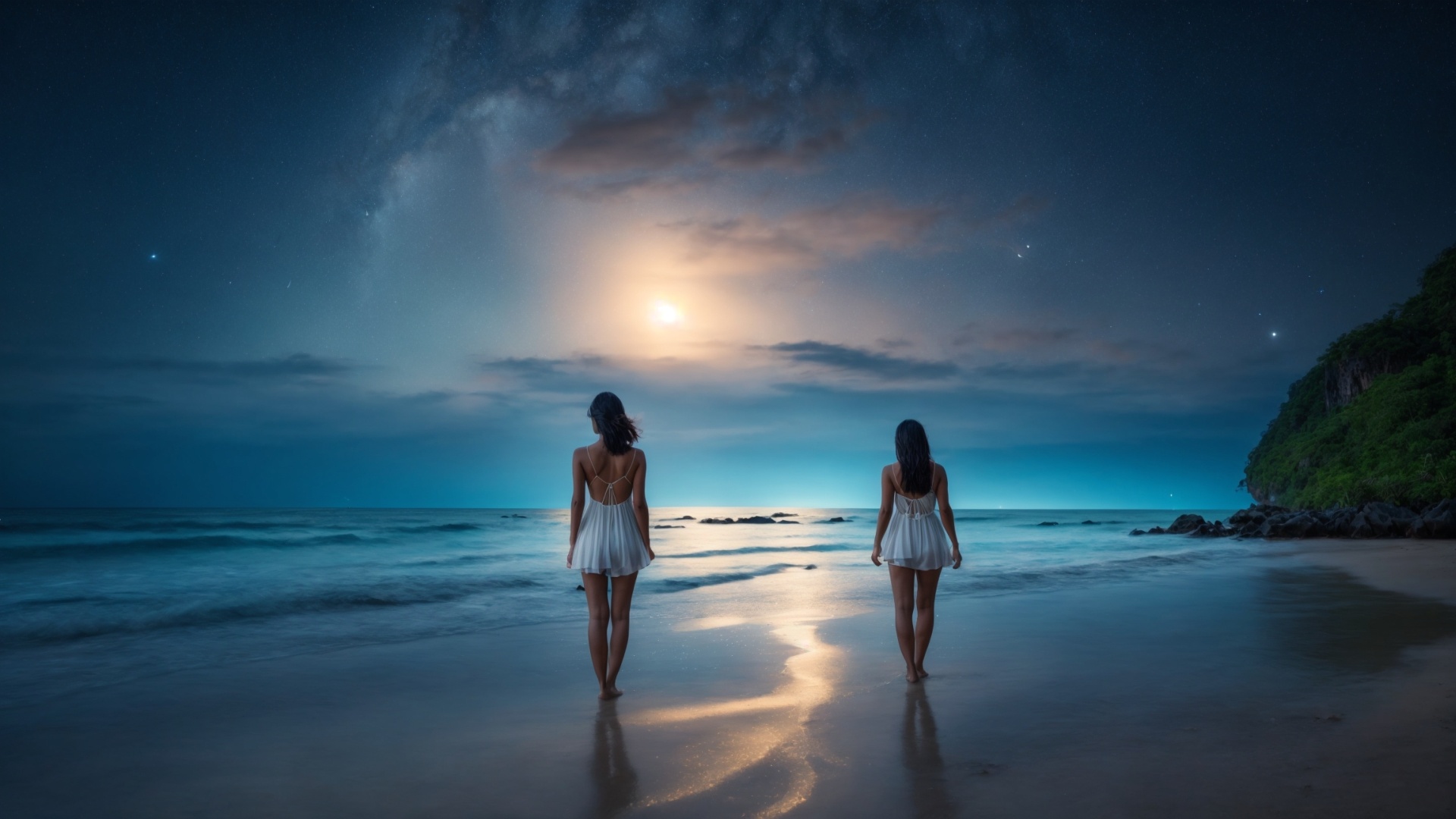 Women on the beach at night with starry sky