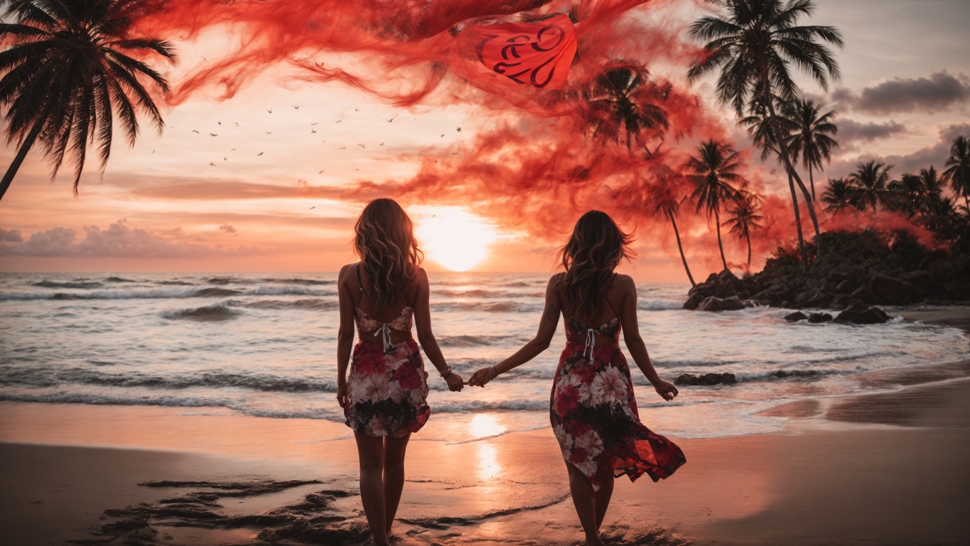 Women on palm beach at magical sunset