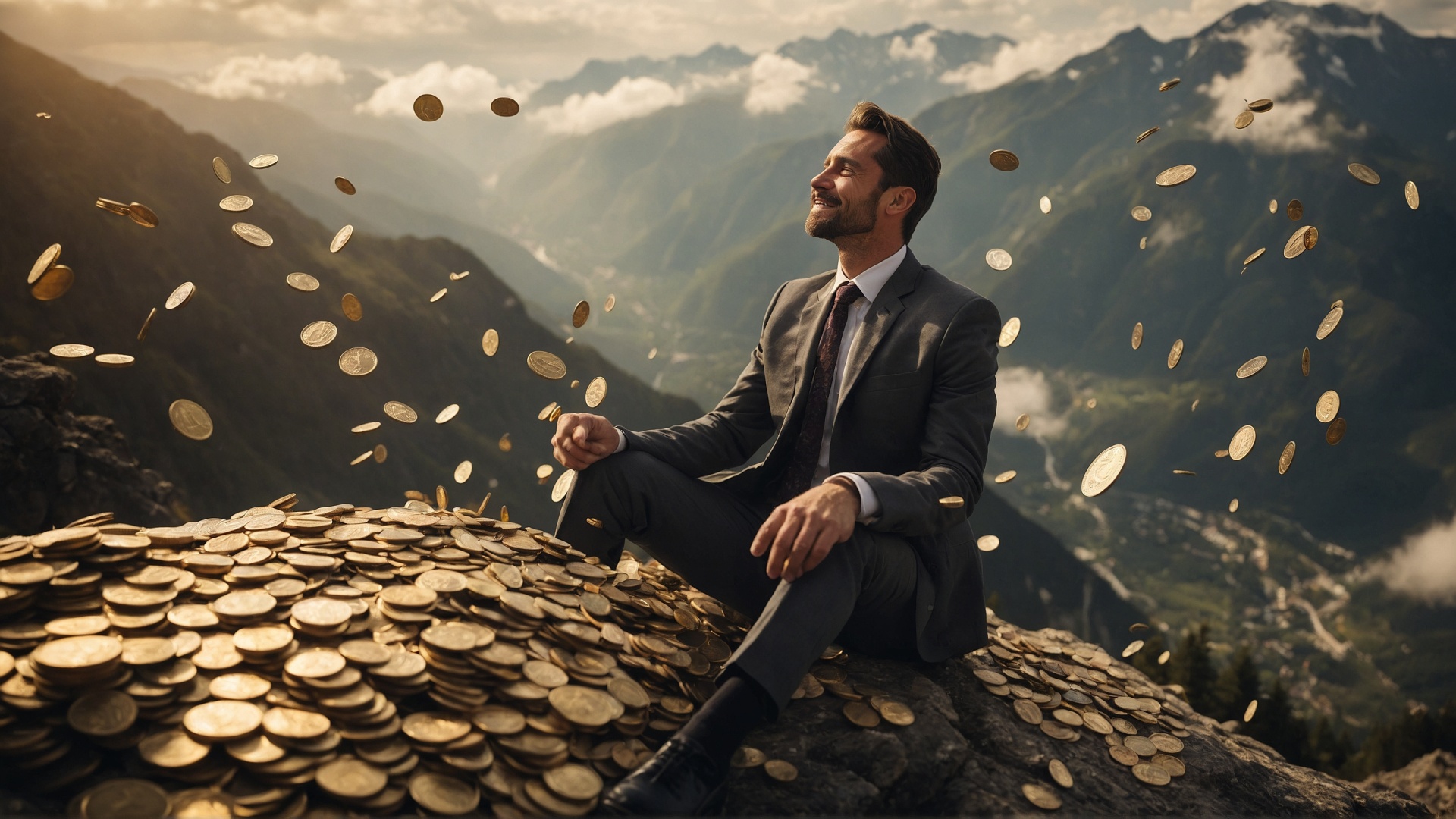 Man on mountain top with raining money