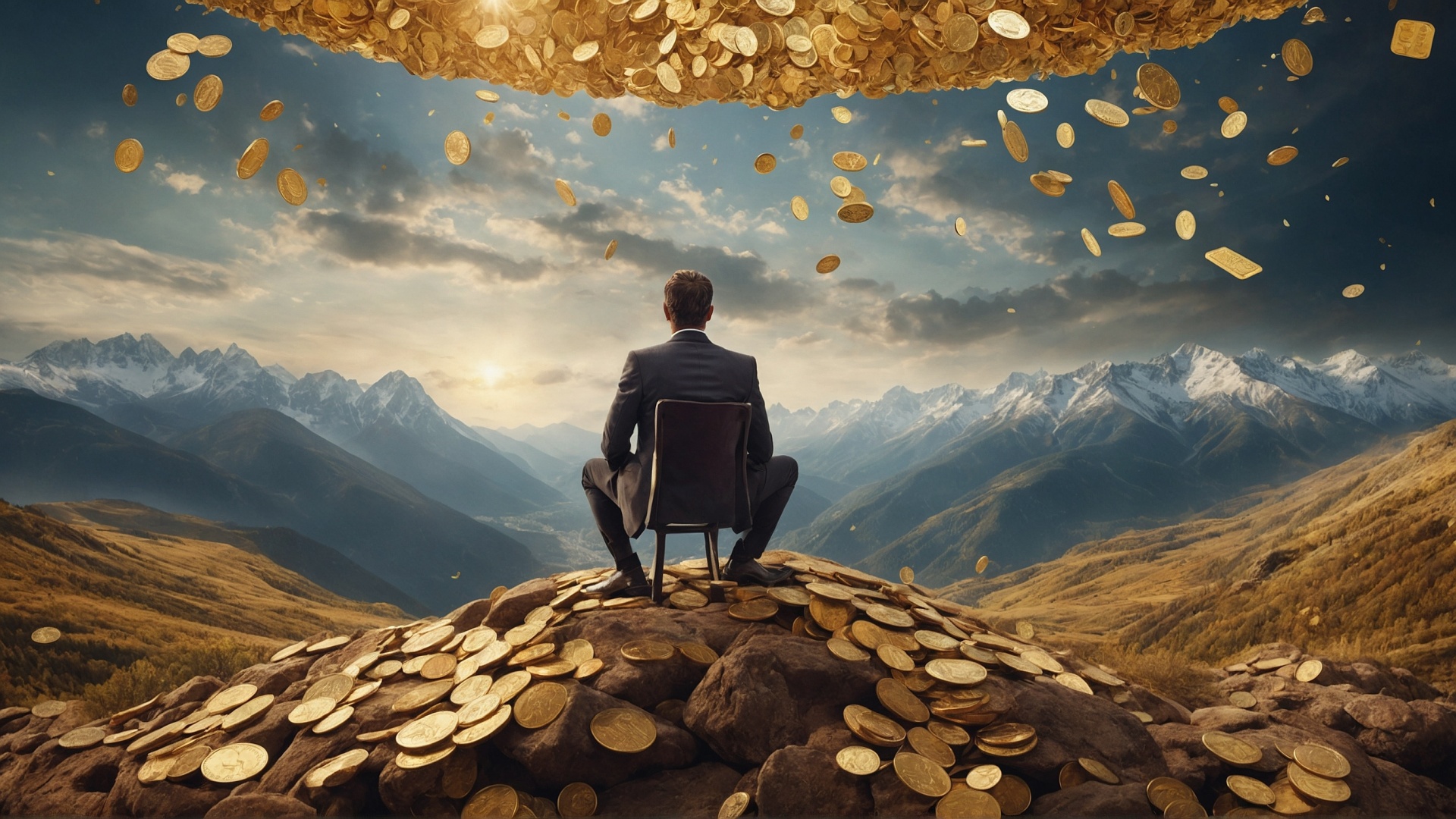 Man on mountain top with raining money