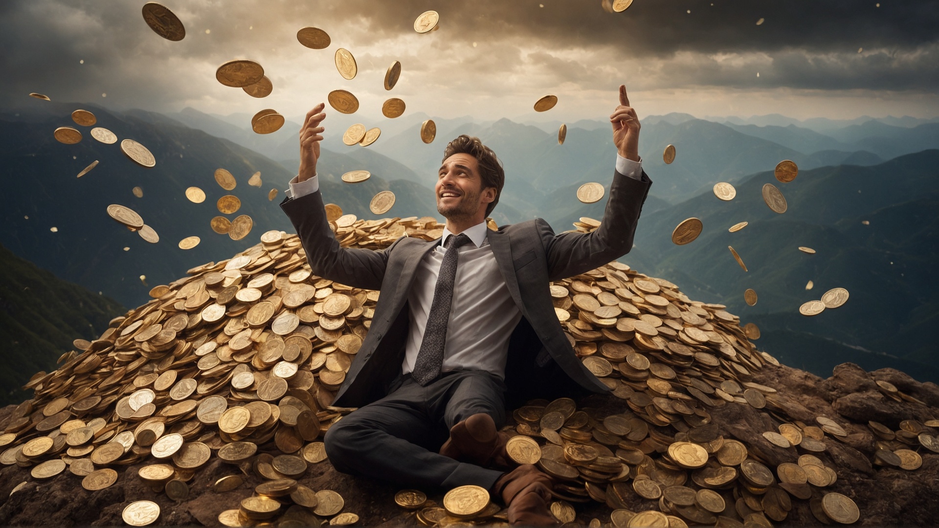 Man on mountain top with raining money