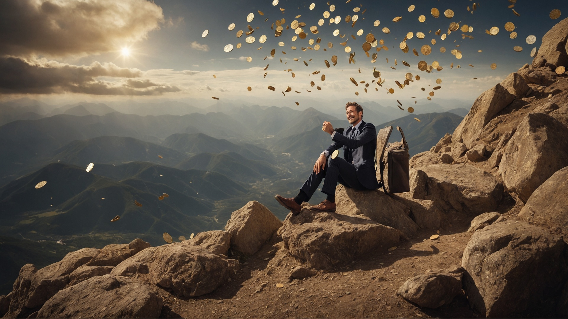 Man on mountain top with raining money