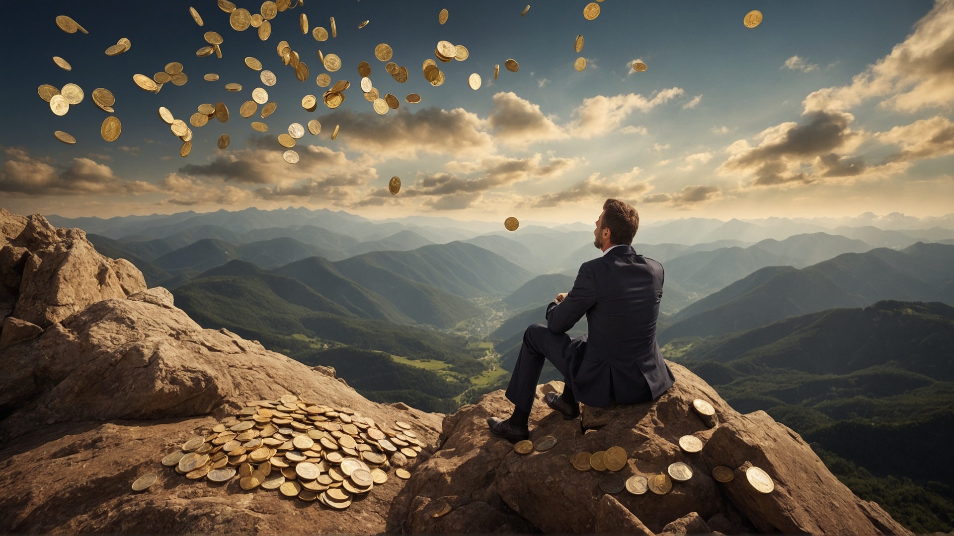 Man on mountain top with raining money