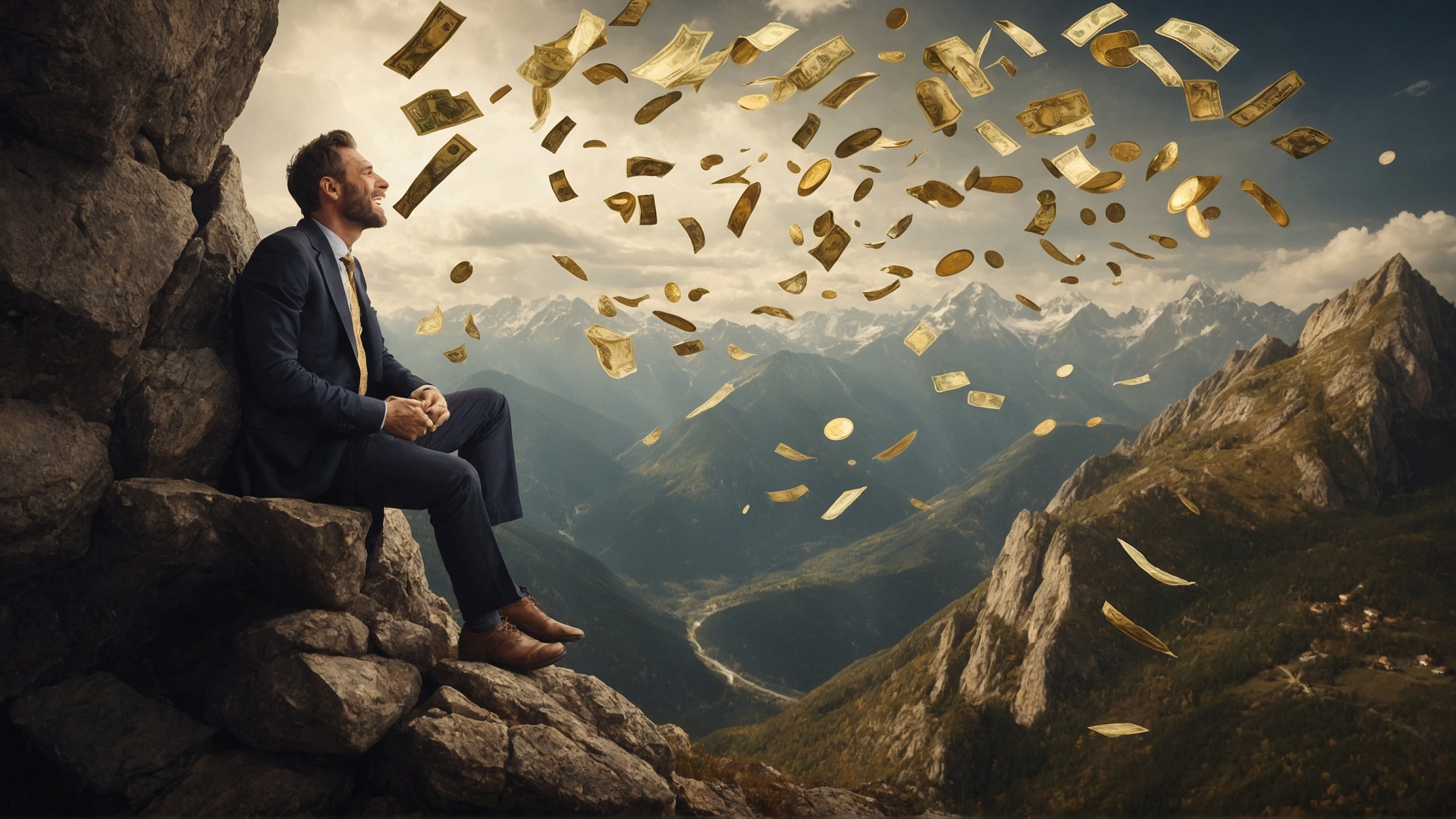 Man on mountain top with raining money